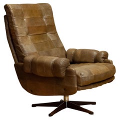 70s Swivel Chair By Arne Norell Möbel AB In Sturdy Olive Green Buffalo Leather