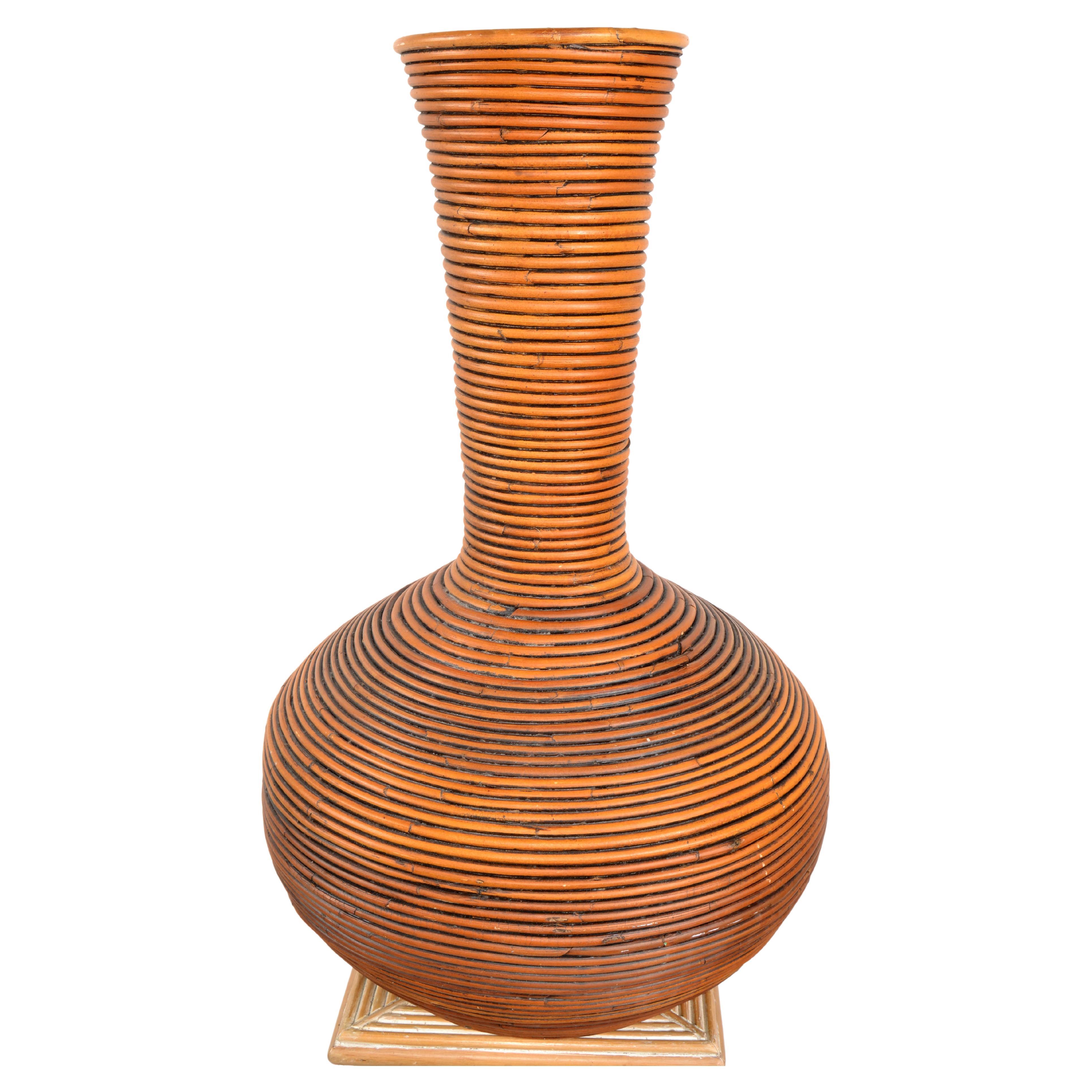 70s Tall Bohemian Brown Reed Cane Bamboo Handcrafted Tall Cone Shape Floor Vase  For Sale 6
