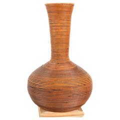 70s Tall Bohemian Brown Reed Cane Bamboo Handcrafted Tall Cone Shape Floor Vase
