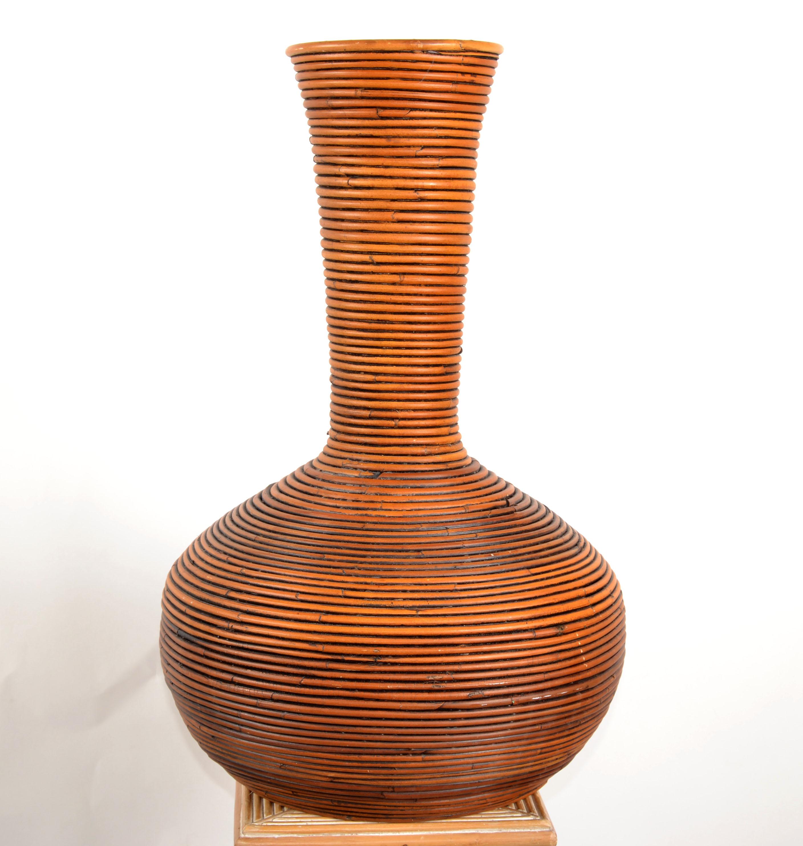 Hand-Crafted 70s Tall Bohemian Brown Reed Cane Bamboo Handcrafted Tall Cone Shape Floor Vase  For Sale