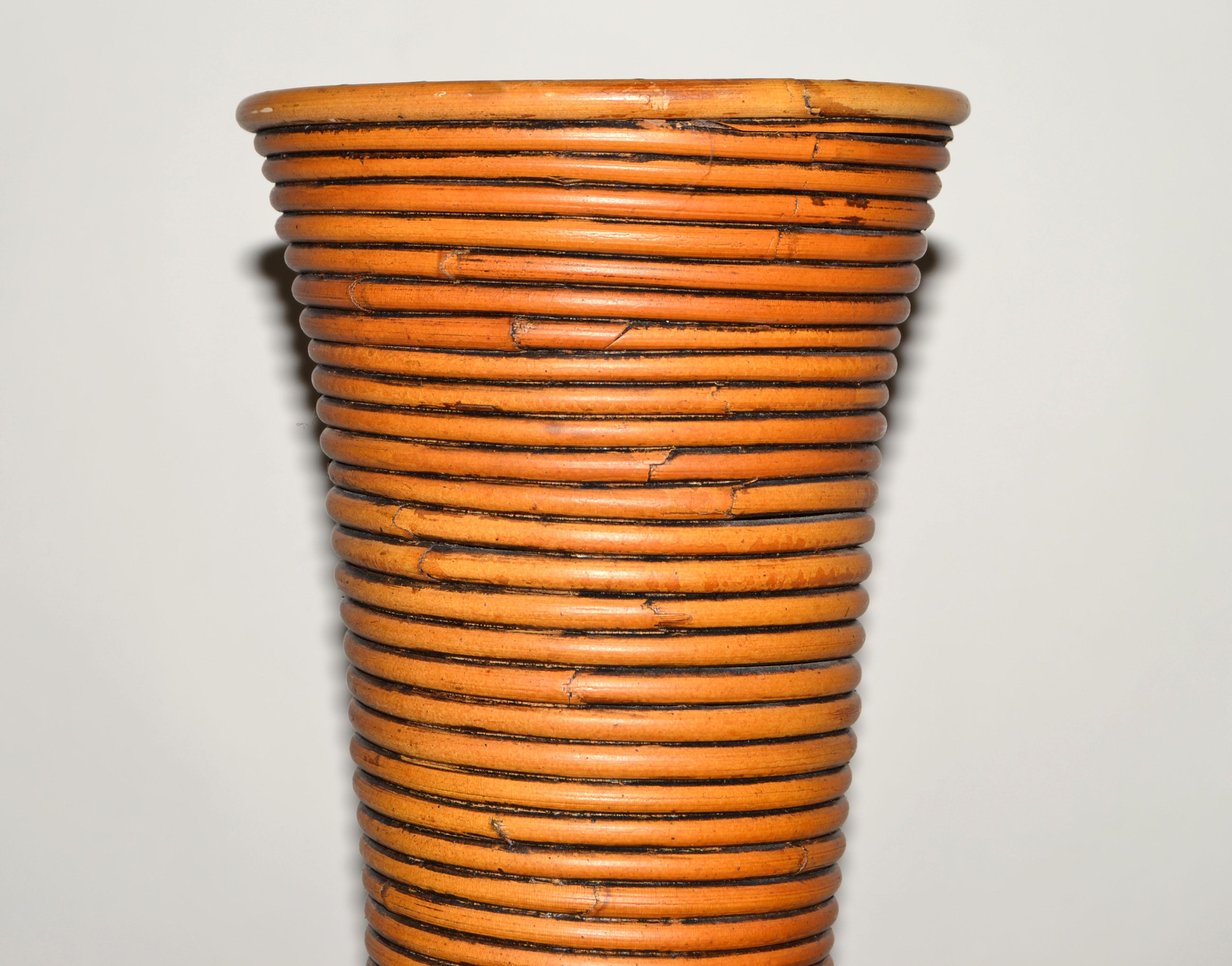 70s Tall Bohemian Brown Reed Cane Bamboo Handcrafted Tall Cone Shape Floor Vase  For Sale 1