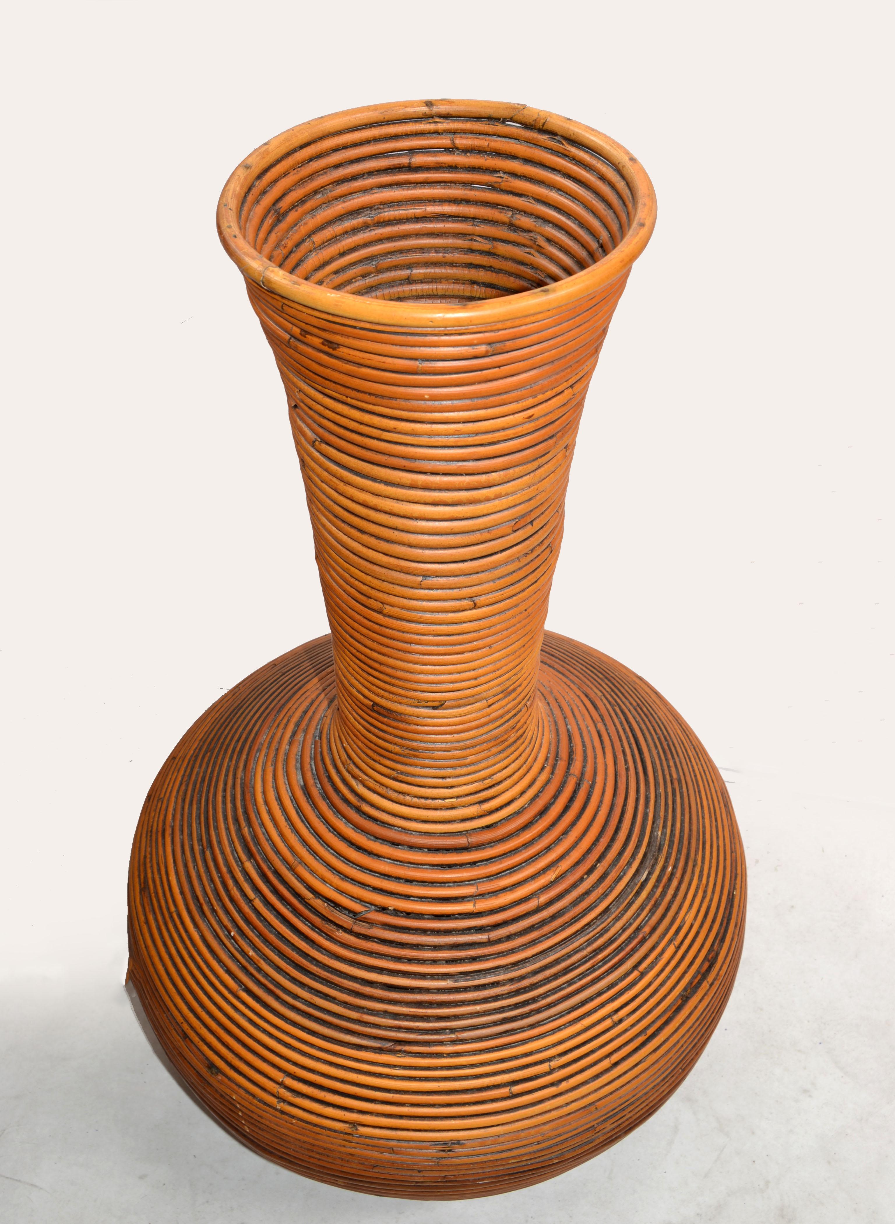 70s Tall Bohemian Brown Reed Cane Bamboo Handcrafted Tall Cone Shape Floor Vase  For Sale 2