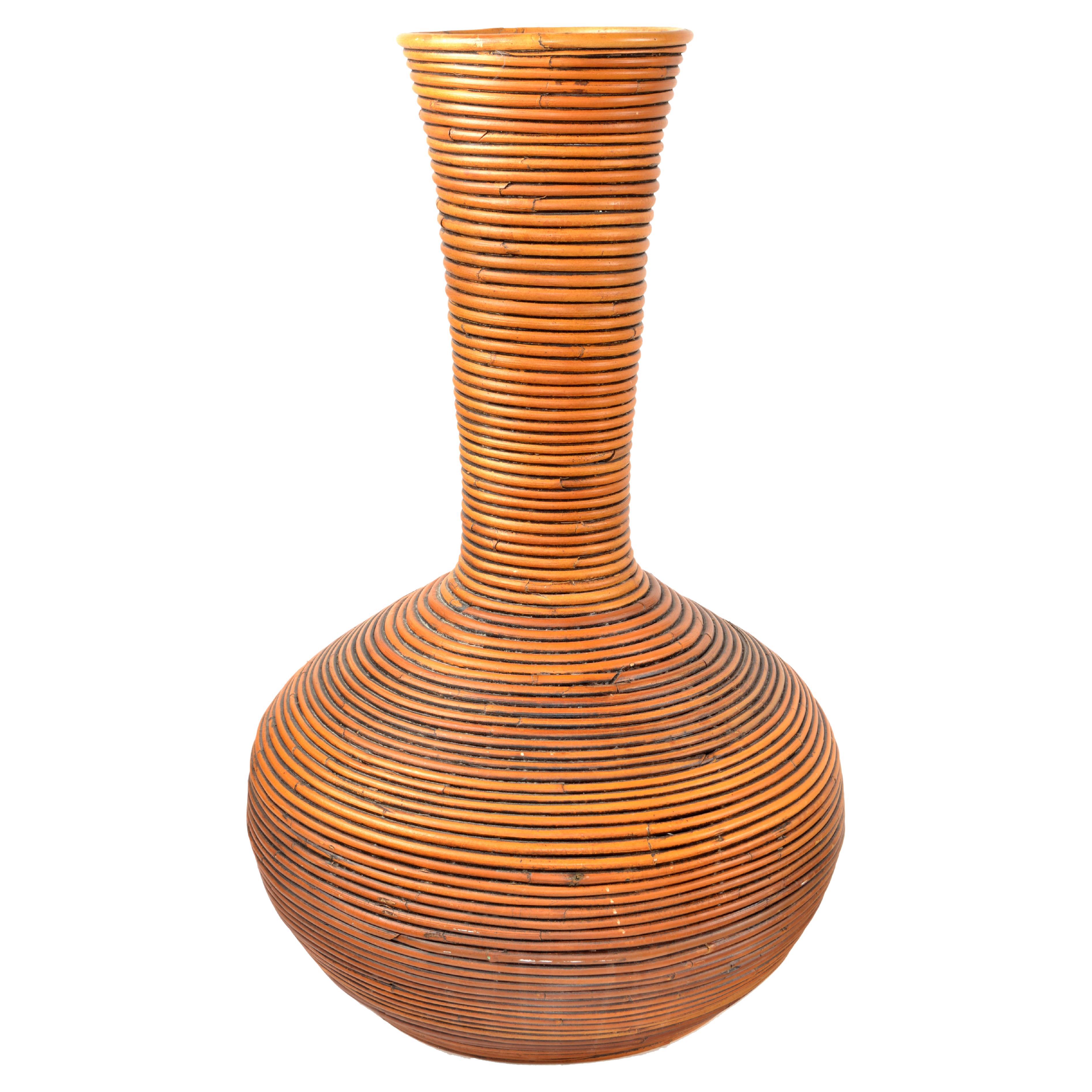 70s Tall Bohemian Brown Reed Cane Bamboo Handcrafted Tall Cone Shape Floor Vase  For Sale