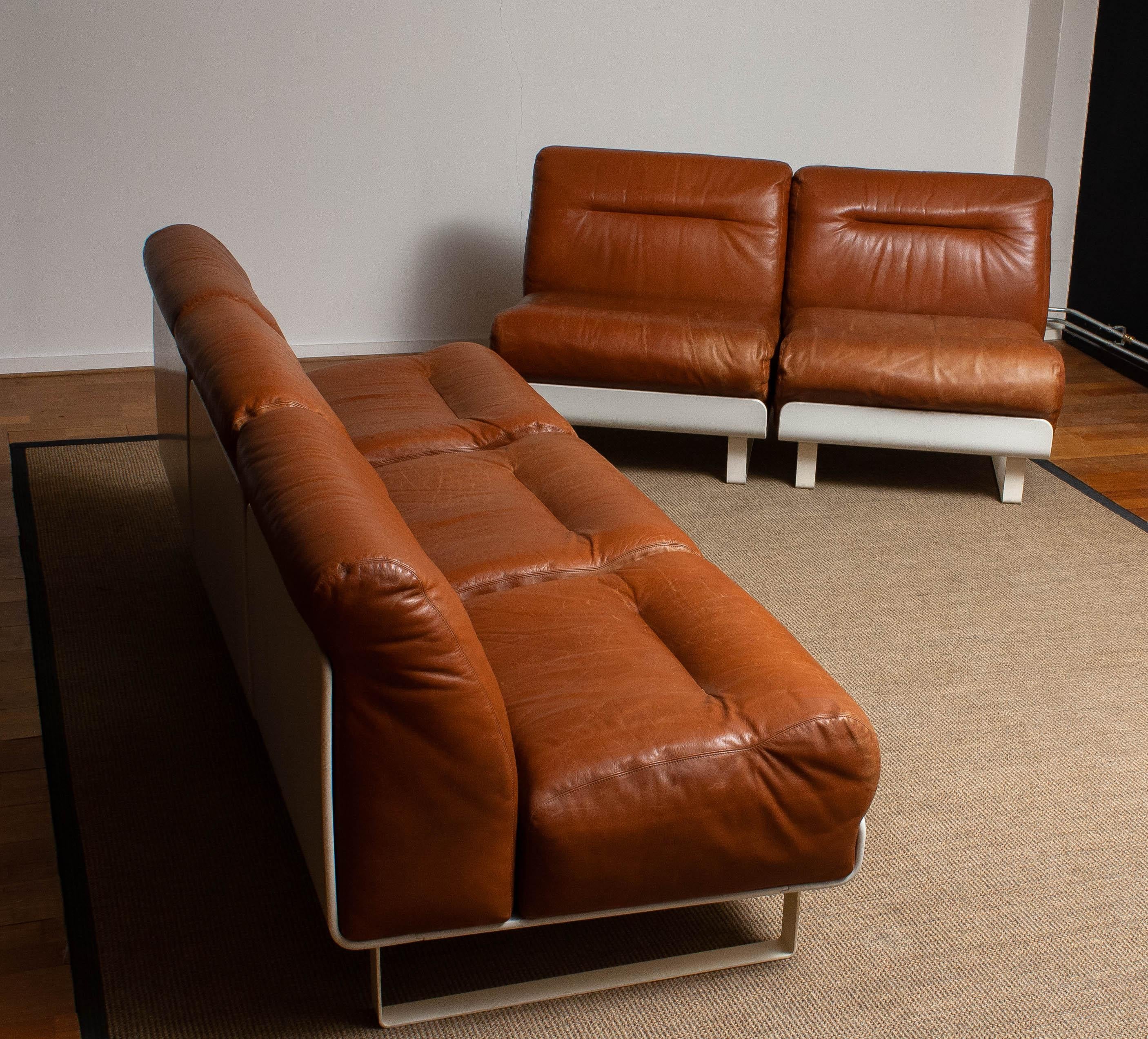 Space Age '70s Tan / Cognac Leather Sectional Sofa / Club Chairs by Luici Colani for COR
