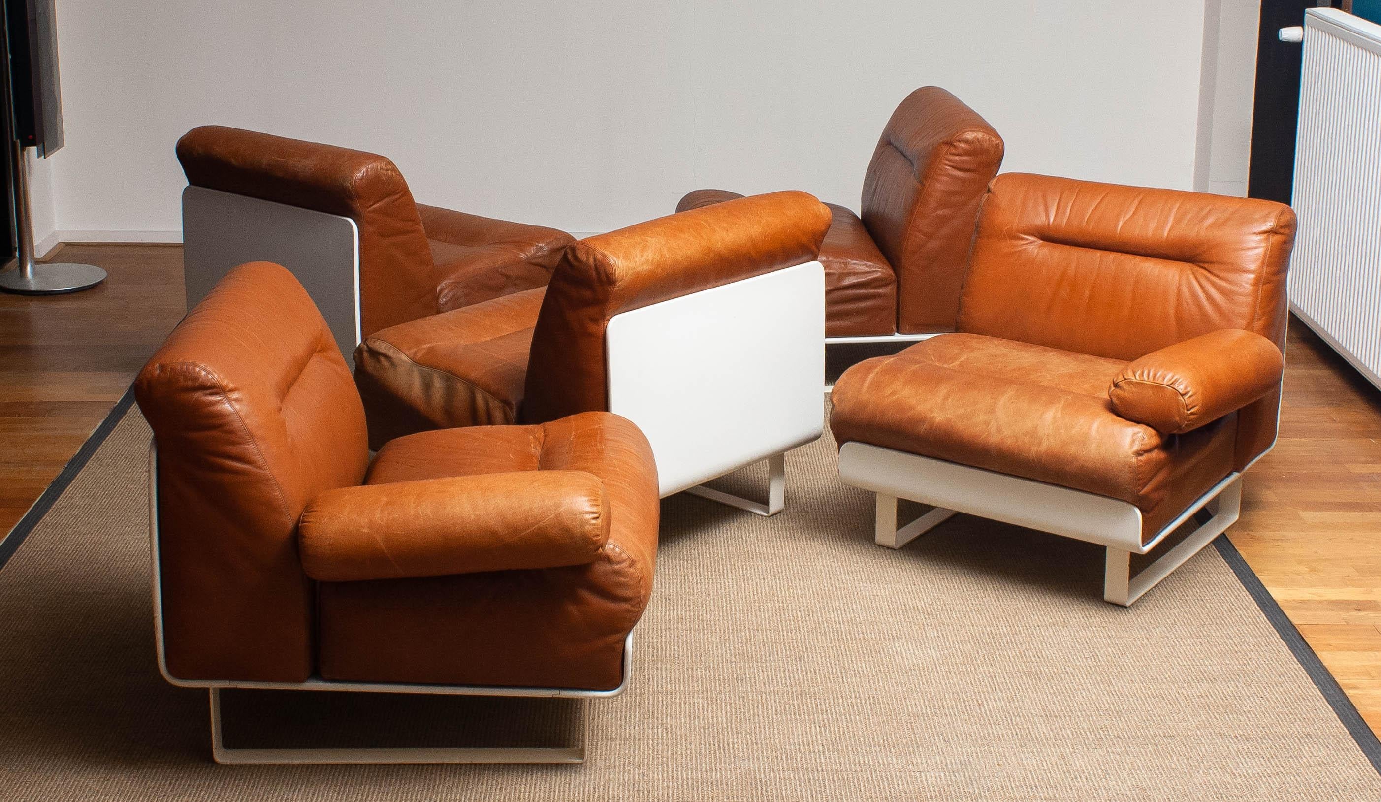 Late 20th Century '70s Tan / Cognac Leather Sectional Sofa / Club Chairs by Luici Colani for COR