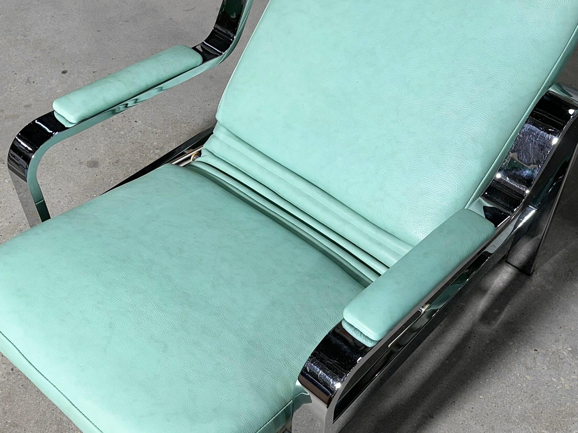 Late 20th Century 70's Teal Leather and Chrome Lounge Chair and Ottoman For Sale