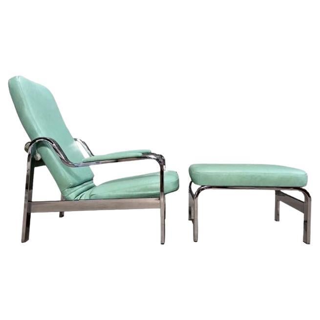 70's Teal Leather and Chrome Lounge Chair and Ottoman For Sale
