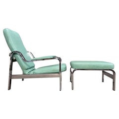 70's Teal Leather and Chrome Lounge Chair and Ottoman