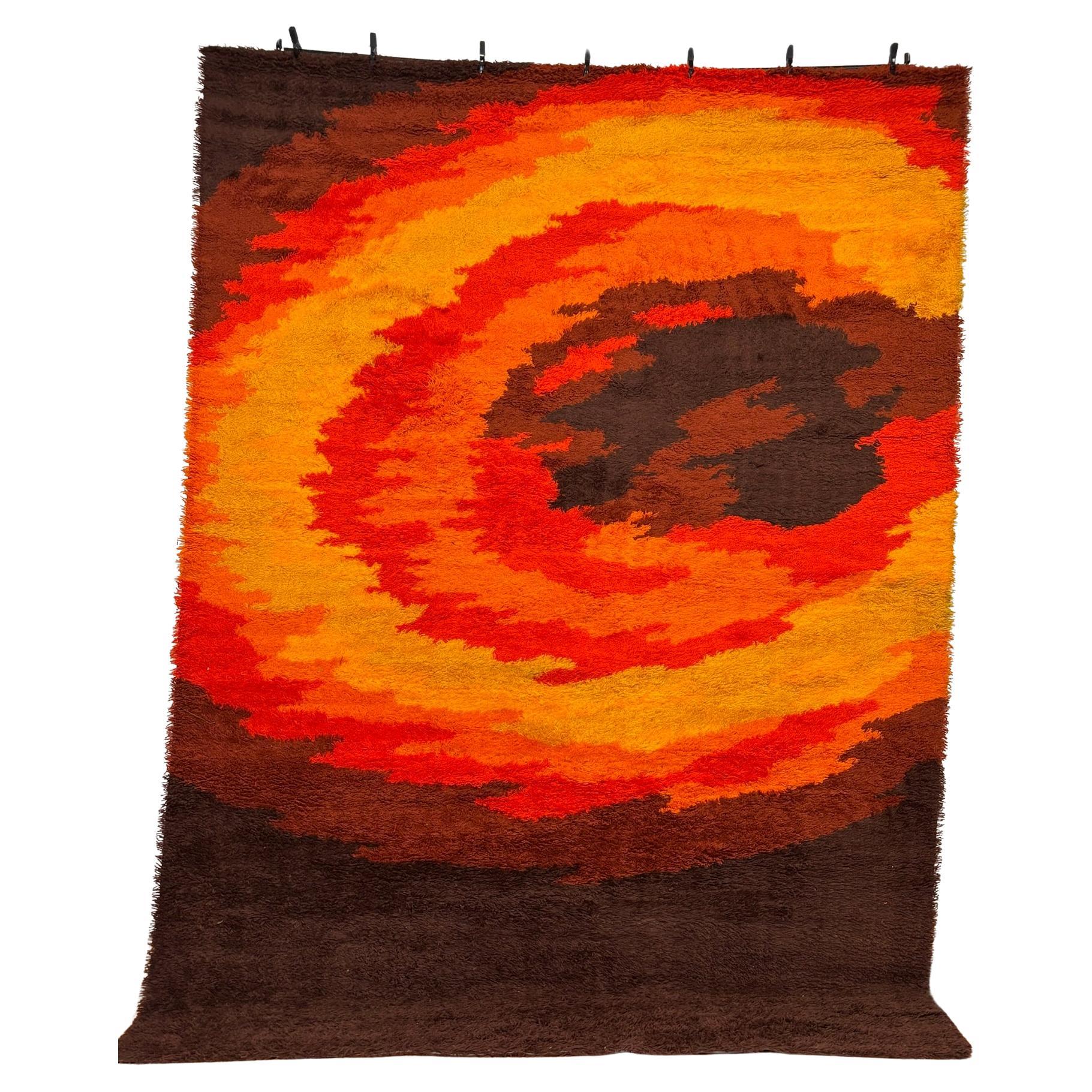 Tappeto THOR marrone arancione giallo tramonto anni '70 contemporaneo inutilizzato Rya Mid Century