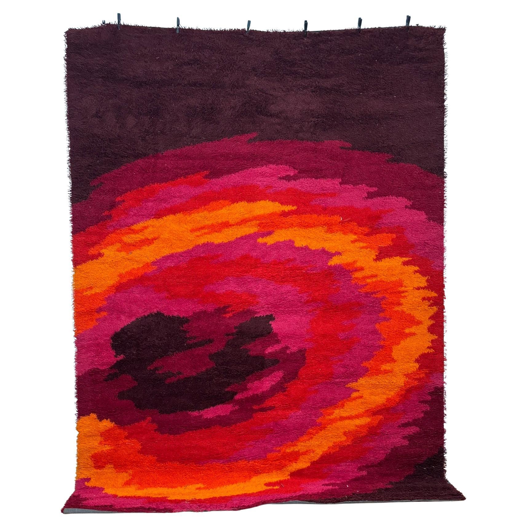 Tappeto THOR anni '70 Borgogna Arancione Rosa Tramonto Contemporaneo INUTILIZZATO Rya Mid Century