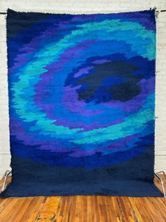 70's THOR Navy Blue Purple Sunset Contemporary UNUSED Rya Rug Mid Century Wool