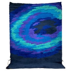 Retro 70's THOR Navy Blue Purple Sunset Contemporary UNUSED Rya Rug Mid Century Wool