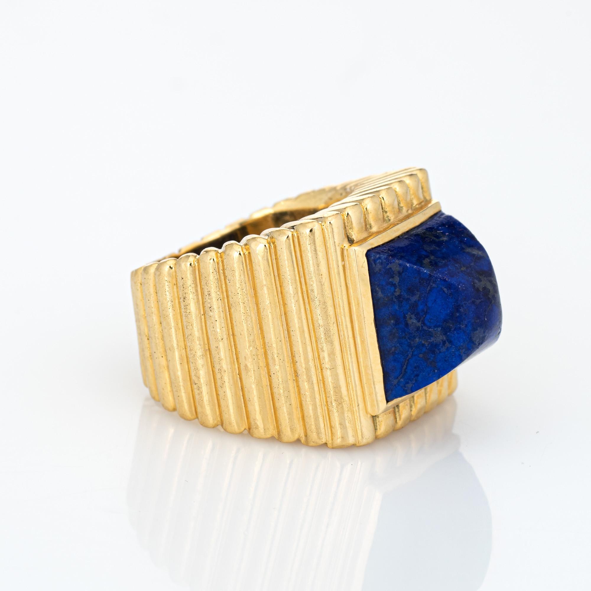 Modern 70s Tiffany & Co Sugarloaf Lapis Lazuli Ring 18k Yellow Gold Sz 5 Square Ridged For Sale