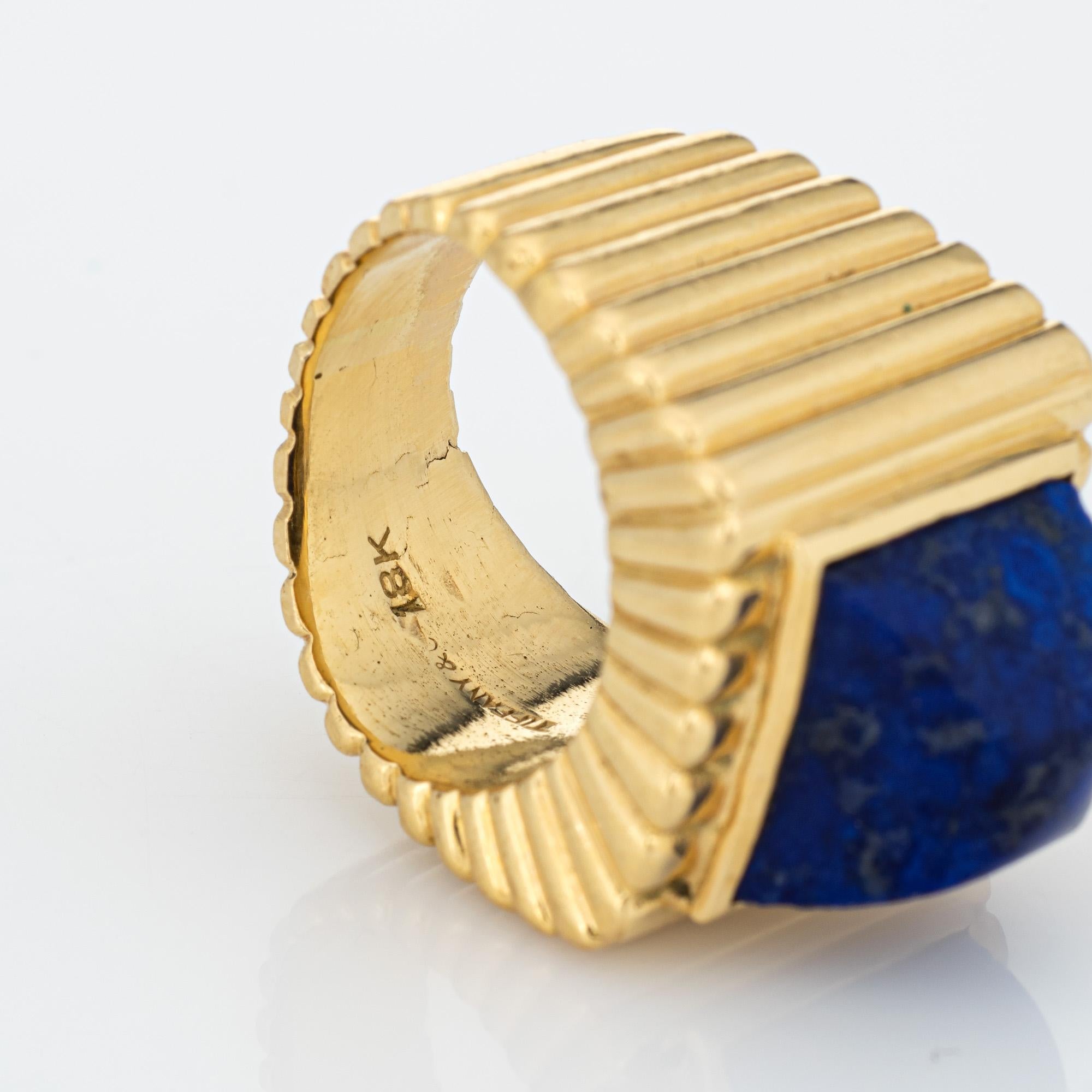70s Tiffany & Co Sugarloaf Lapis Lazuli Ring 18k Yellow Gold Sz 5 Square Ridged For Sale 1