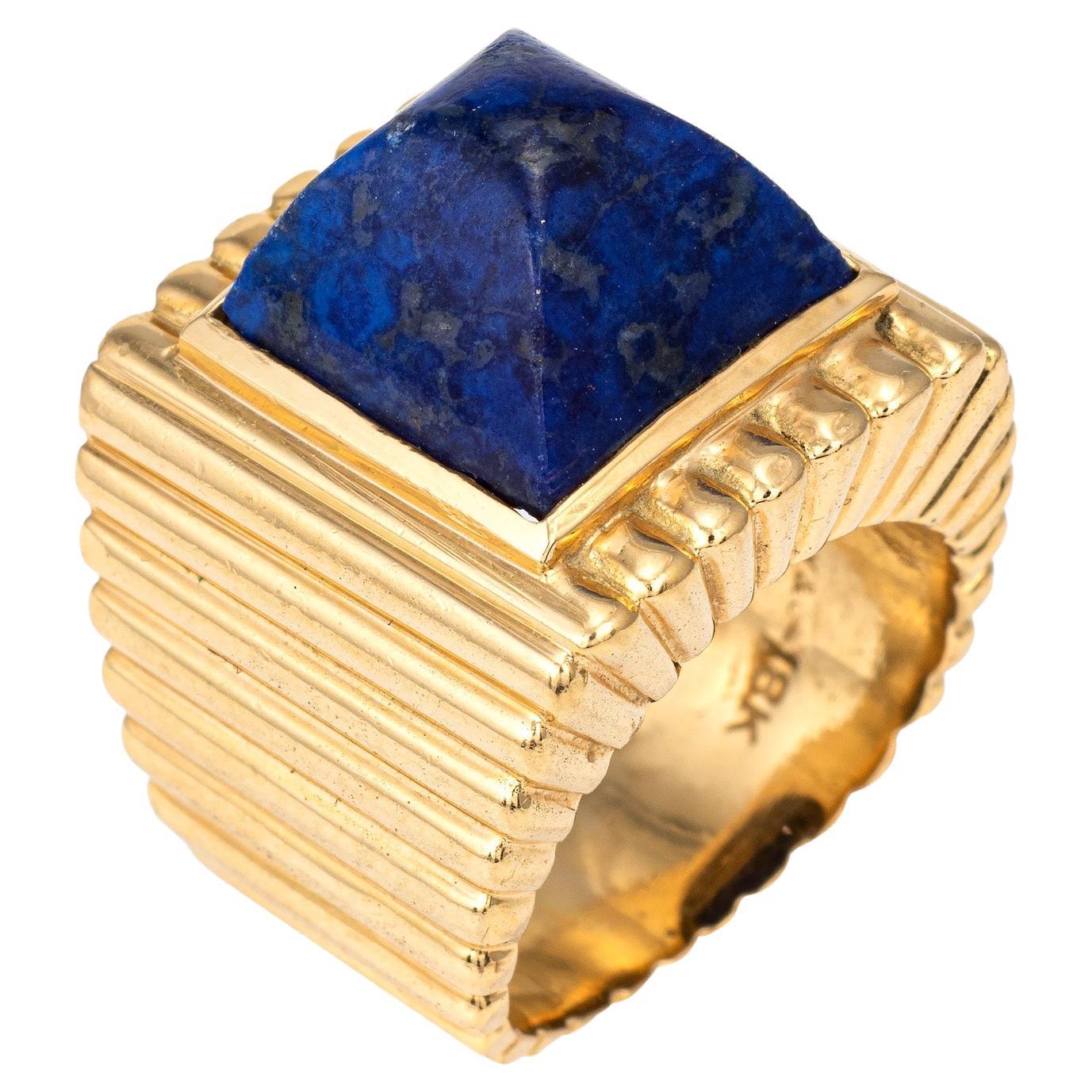 70s Tiffany & Co Sugarloaf Lapis Lazuli Ring 18k Yellow Gold Sz 5 Square Ridged For Sale