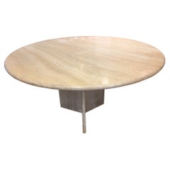 Vintage 70s Travertine Round Table, French, Design