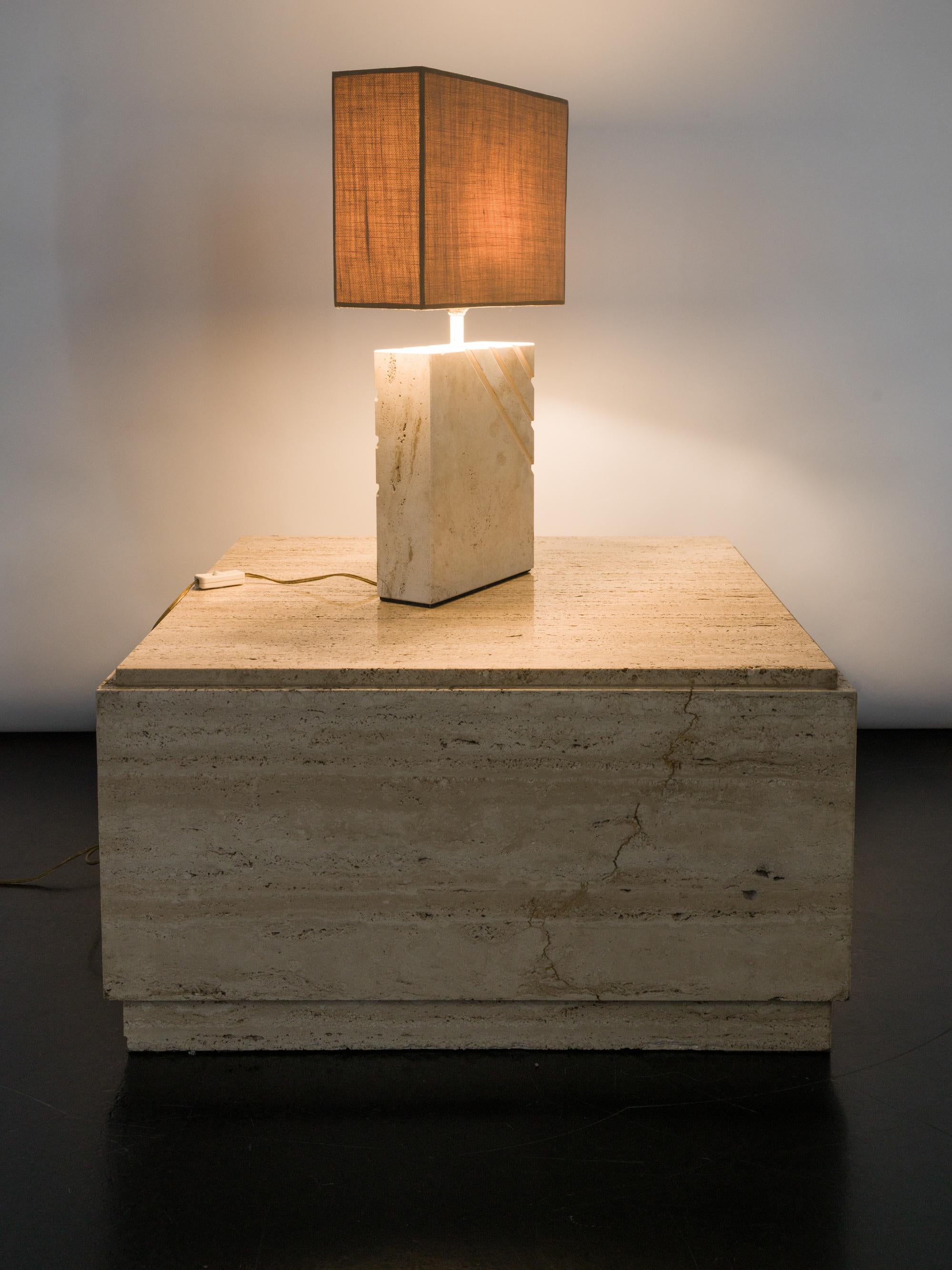 1970s Travertine Table Lamp with Rectangular Lampshade In Good Condition For Sale In Athens, Attiki