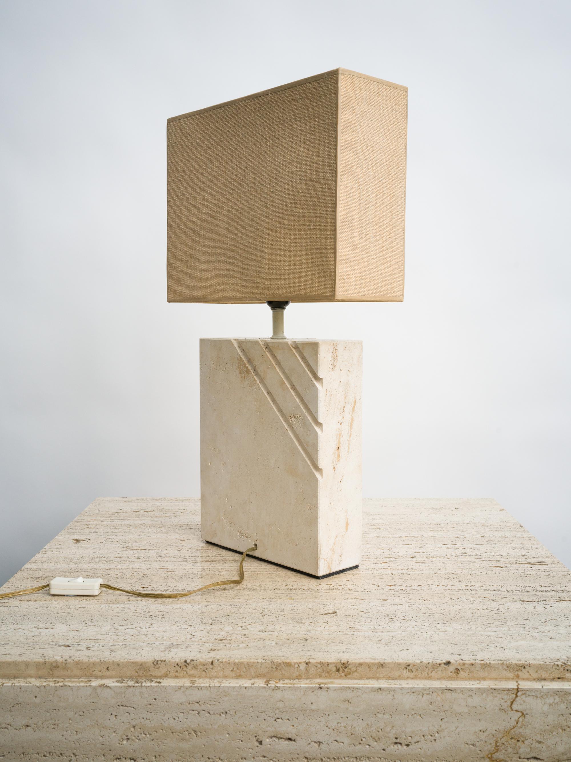 Linen 1970s Travertine Table Lamp with Rectangular Lampshade For Sale