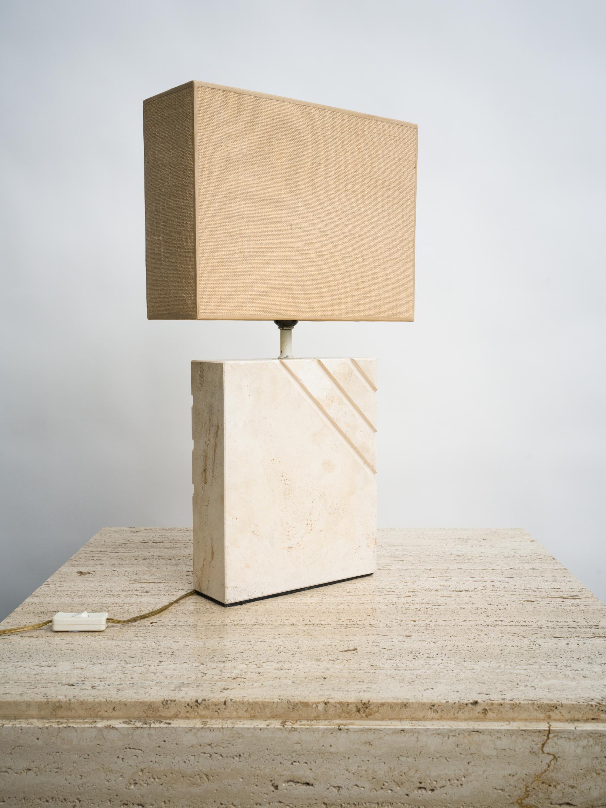 1970s Travertine Table Lamp with Rectangular Lampshade For Sale 2
