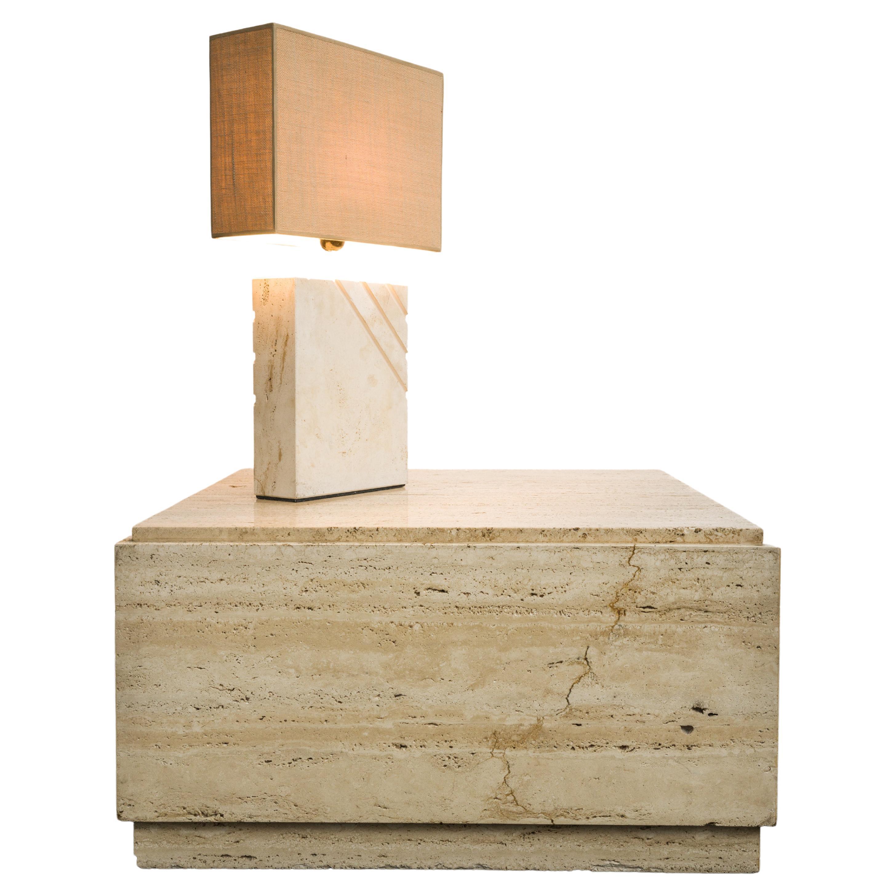 1970s Travertine Table Lamp with Rectangular Lampshade For Sale