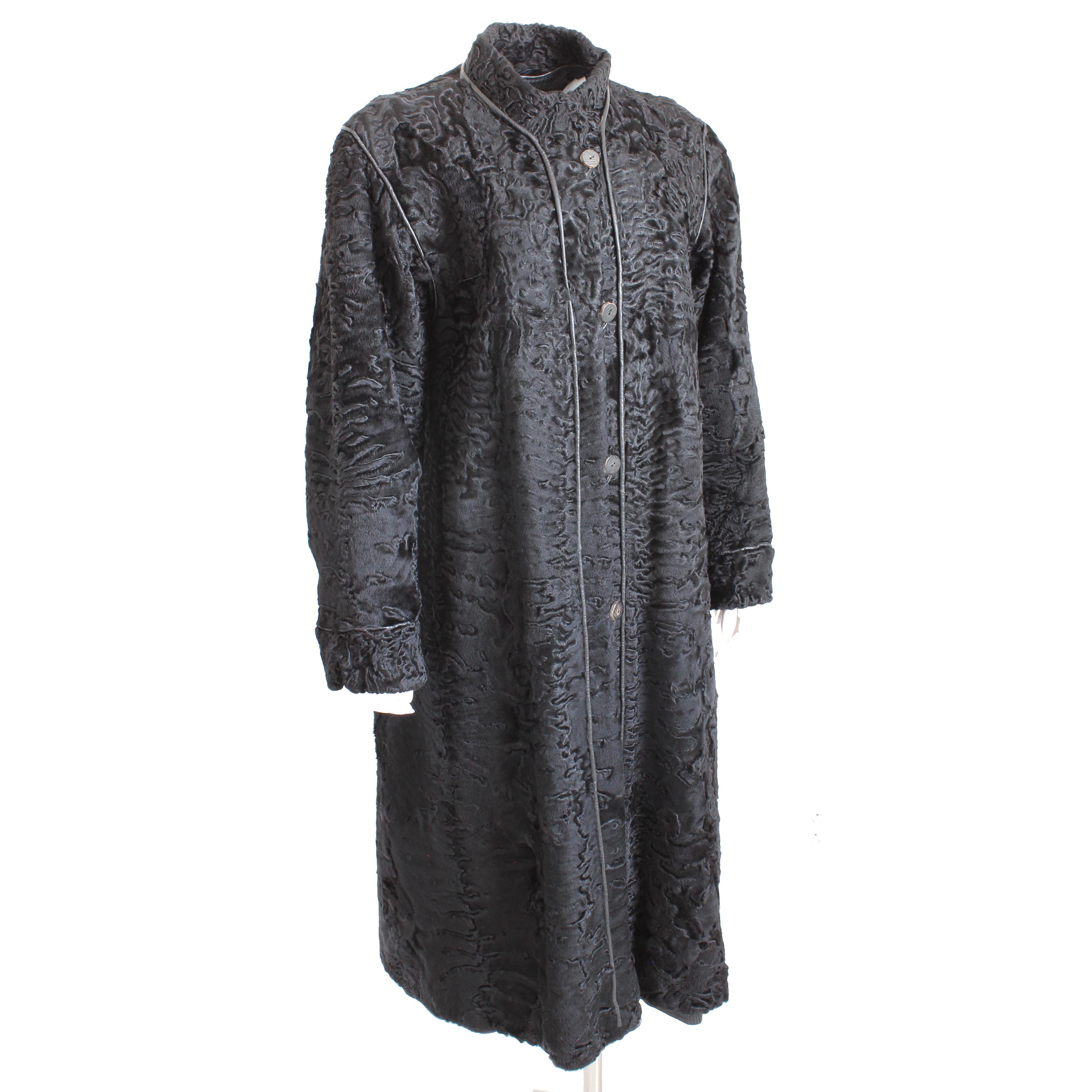 This fabulous Persian Lamb Coat was made in Finland by Turkis Tukku, most likely in the late 1970s.  Fully-lined in black satin, it also has a removable 2nd lining with pockets, and fastens with loop/buttons.  

Long and chic, this coat is perfect