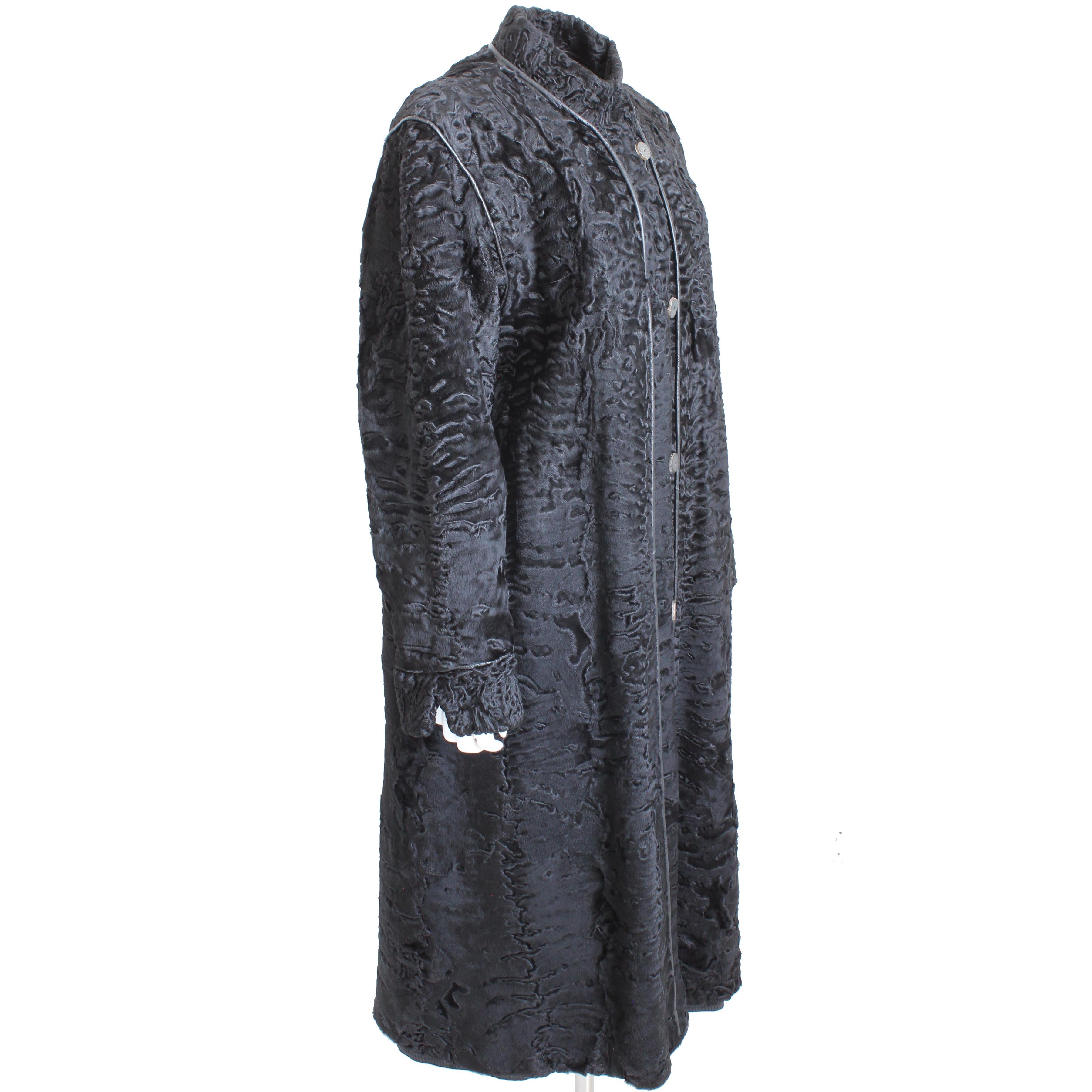 Black 70s Turkis Tukku Persian Lamb Coat with Leather Piping Removable Lining  For Sale