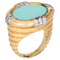 70s Turquoise Diamond Ring Vintage 18k Yellow Gold Sz 4 Pinky Estate Jewelry