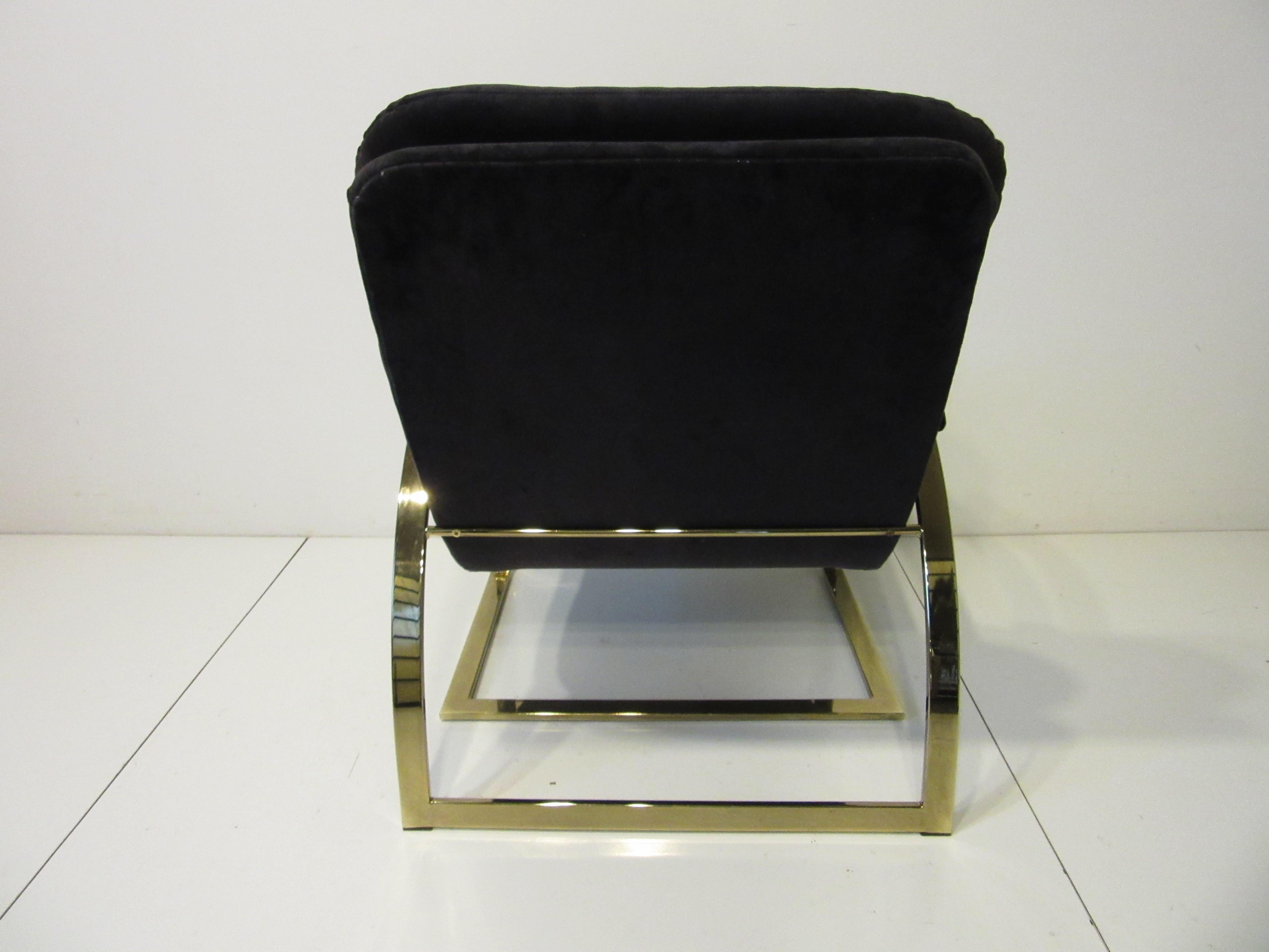 Modern 70's Upholstered Brass Lounge Chair in the Style of Pace 
