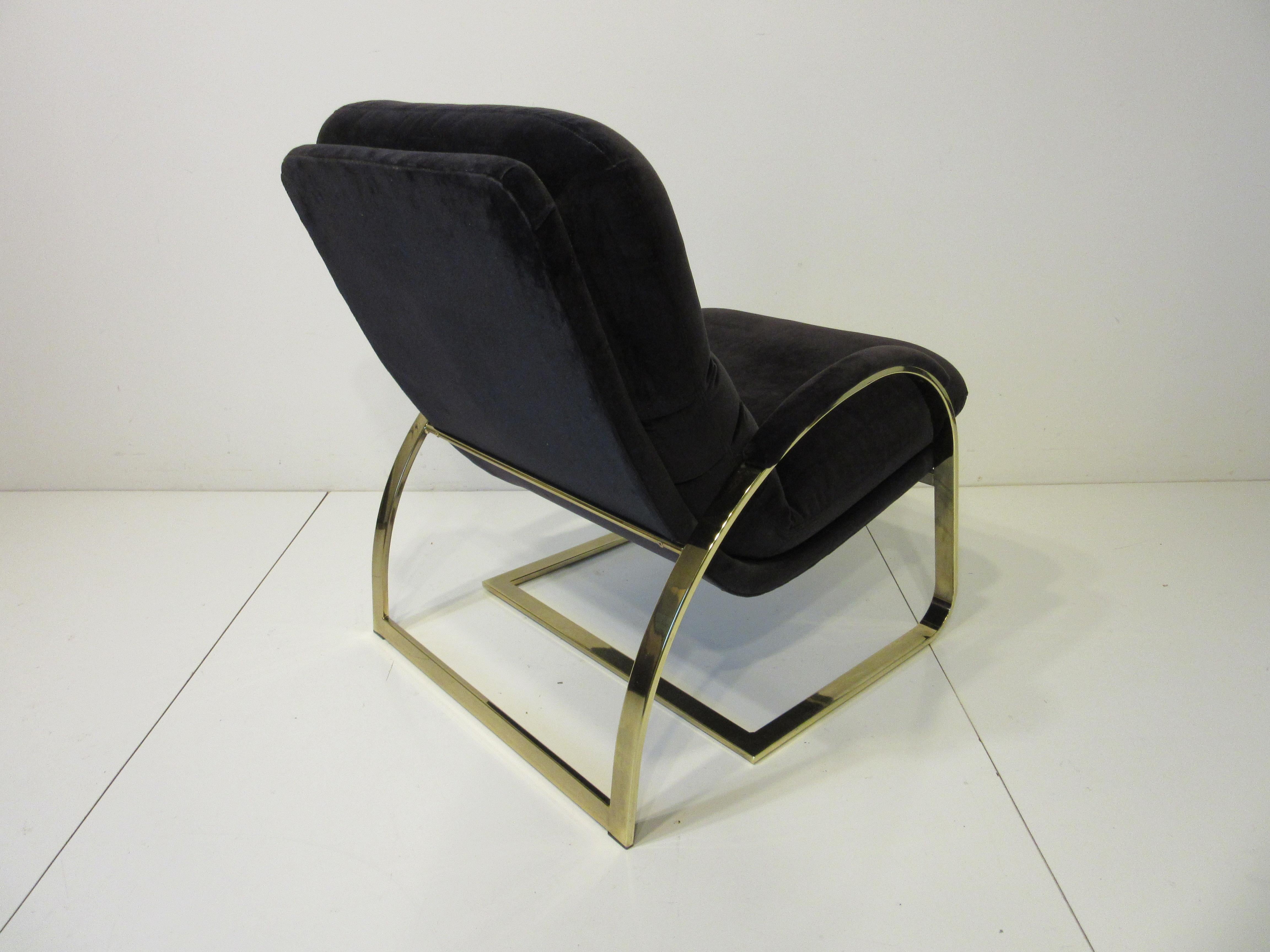 American 70's Upholstered Brass Lounge Chair in the Style of Pace 