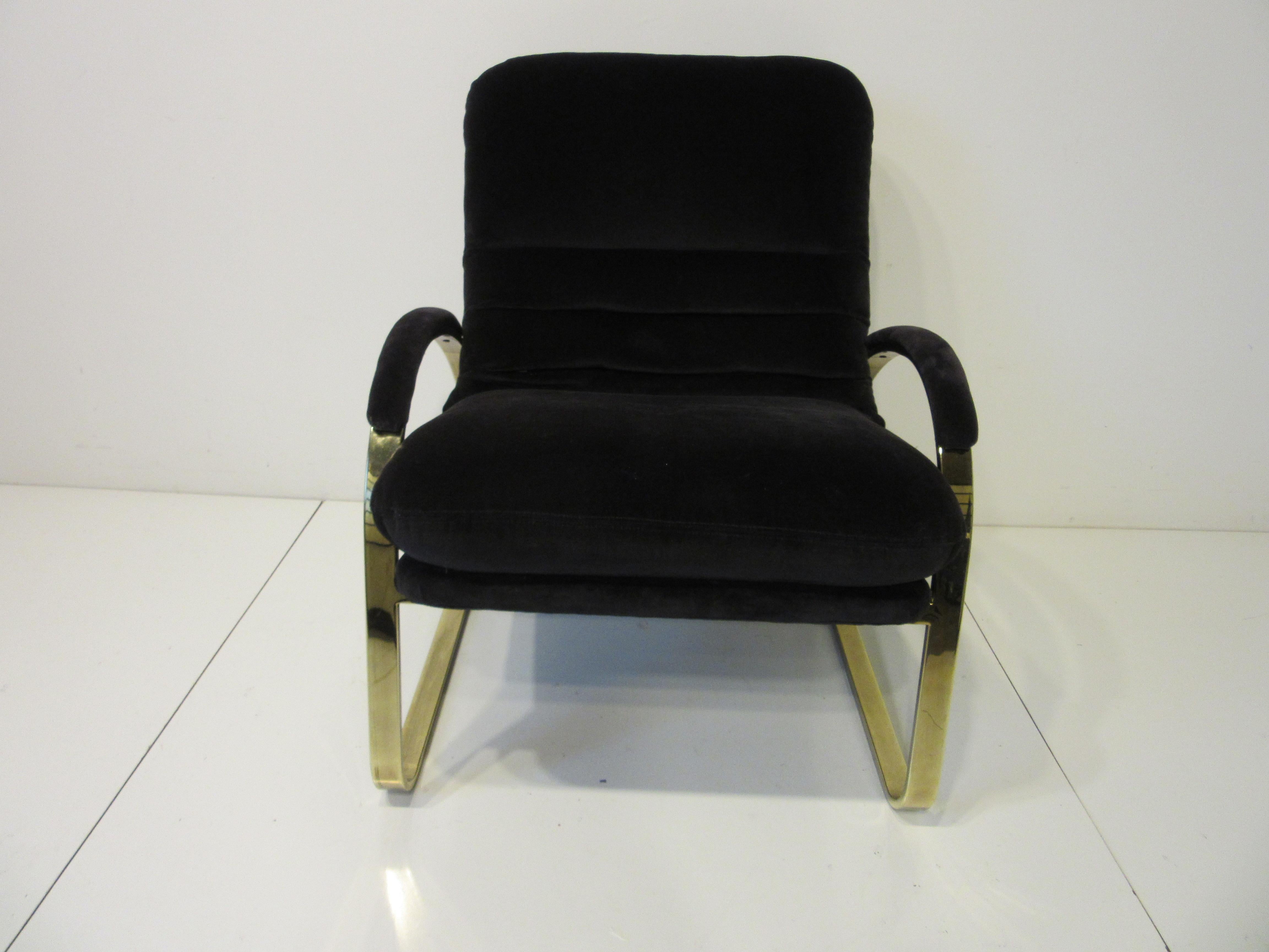 70's Upholstered Brass Lounge Chair in the Style of Pace  In Good Condition In Cincinnati, OH