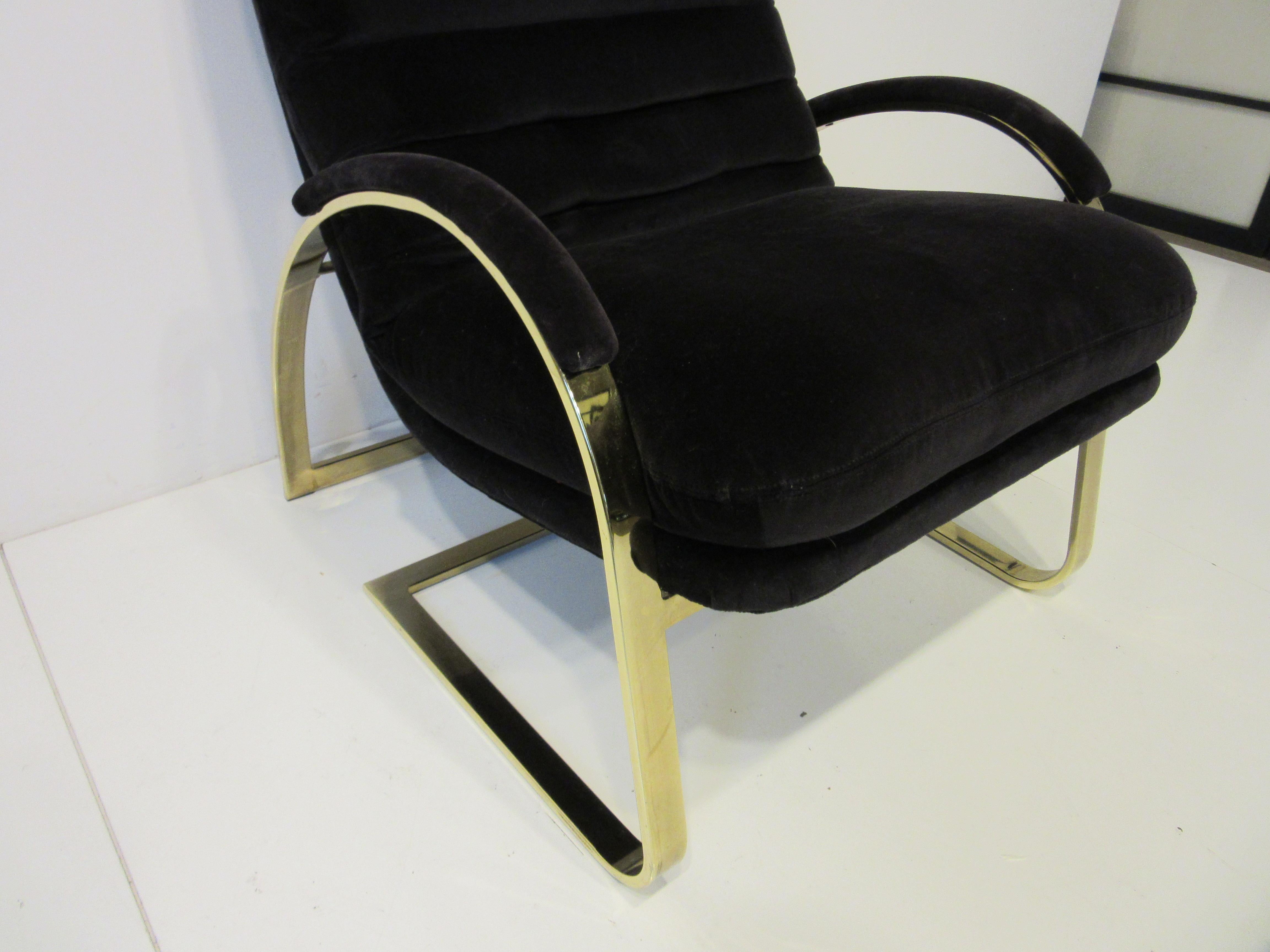 20th Century 70's Upholstered Brass Lounge Chair in the Style of Pace 