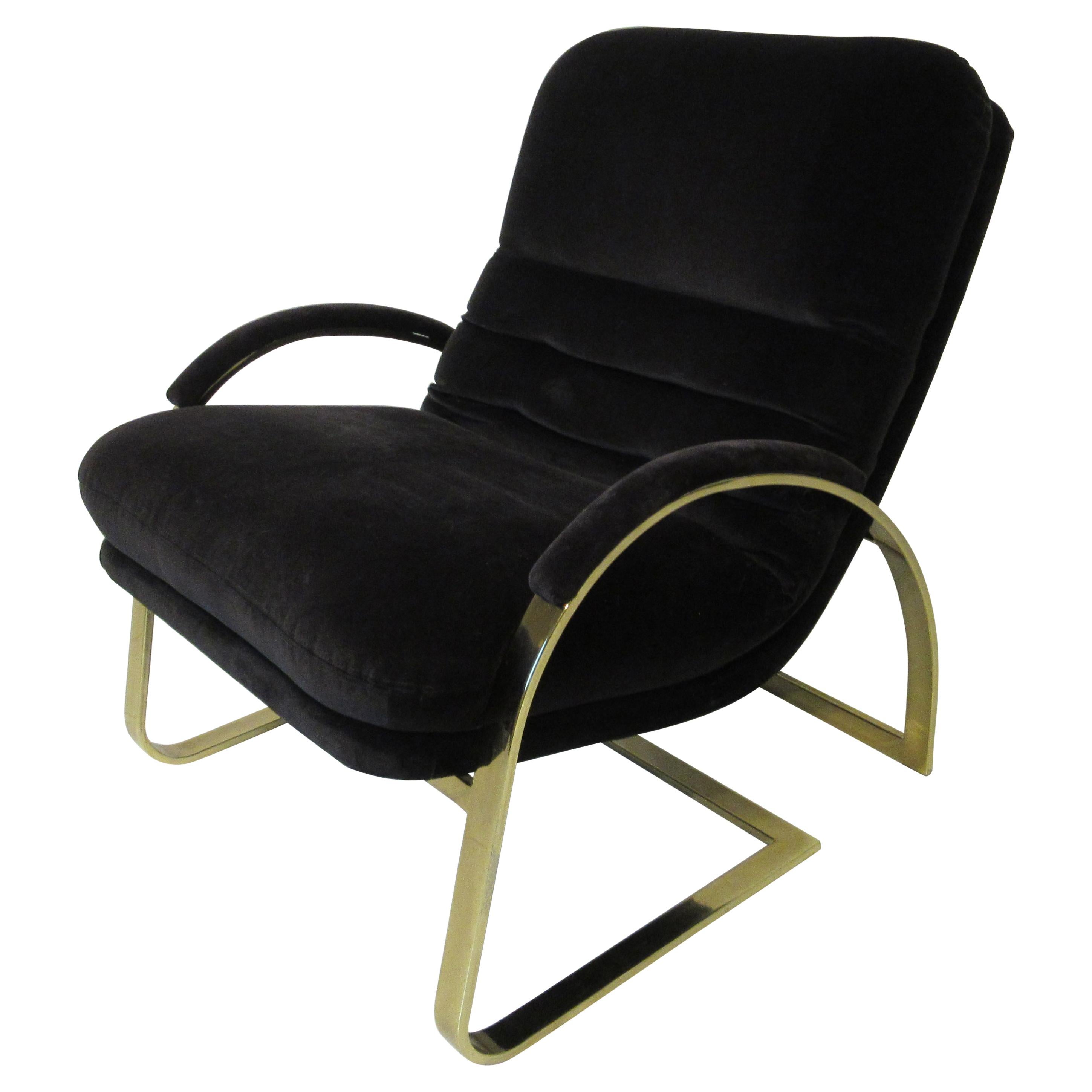 70's Upholstered Brass Lounge Chair in the Style of Pace 