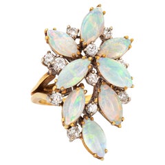 70s Vintage 4ct Opal Diamond Cluster Ring 14k Yellow Gold Estate Fine Jewelry