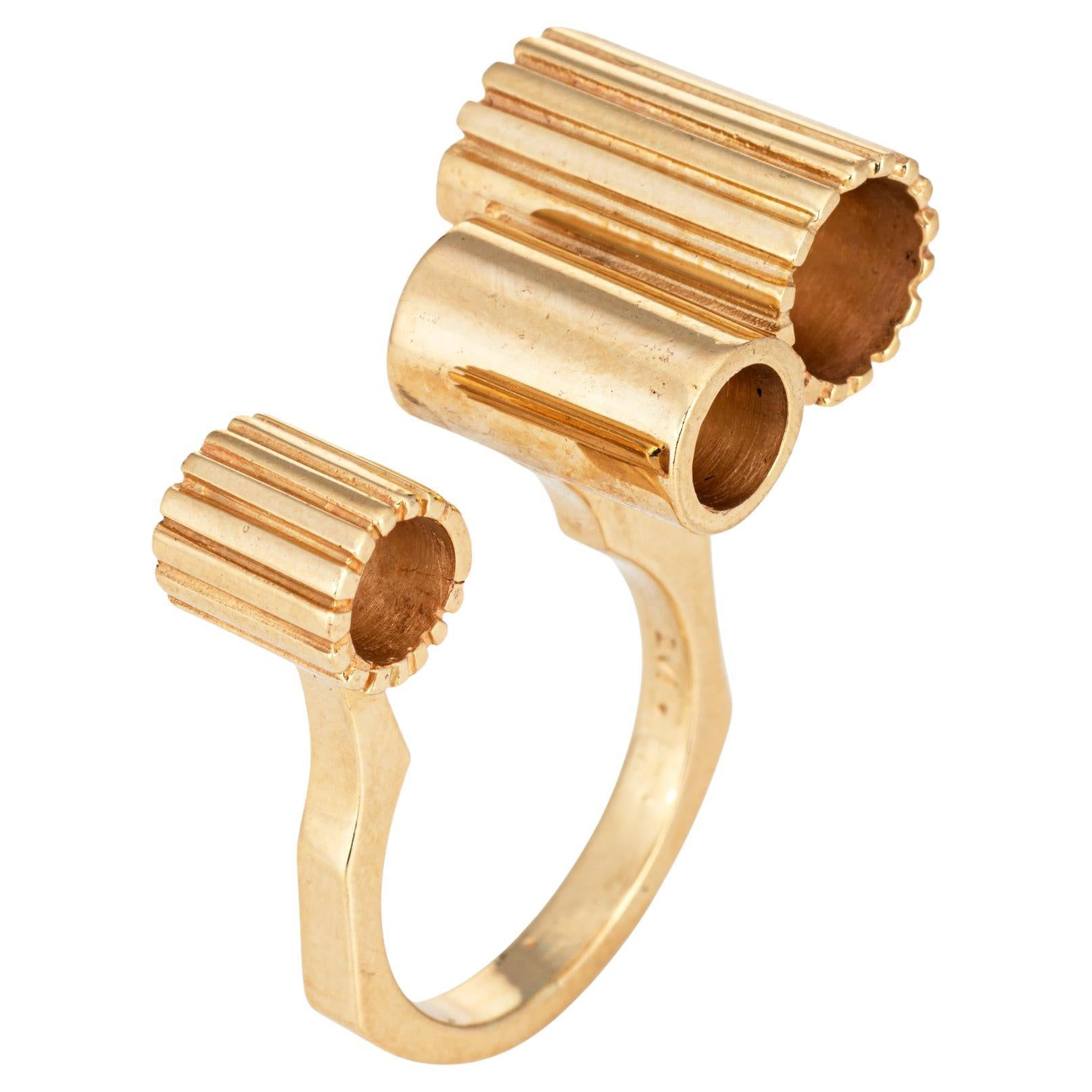 70s Vintage Abstract Barrel Ring 14k Yellow Gold Sz 6.5 Estate Cocktail Jewelry