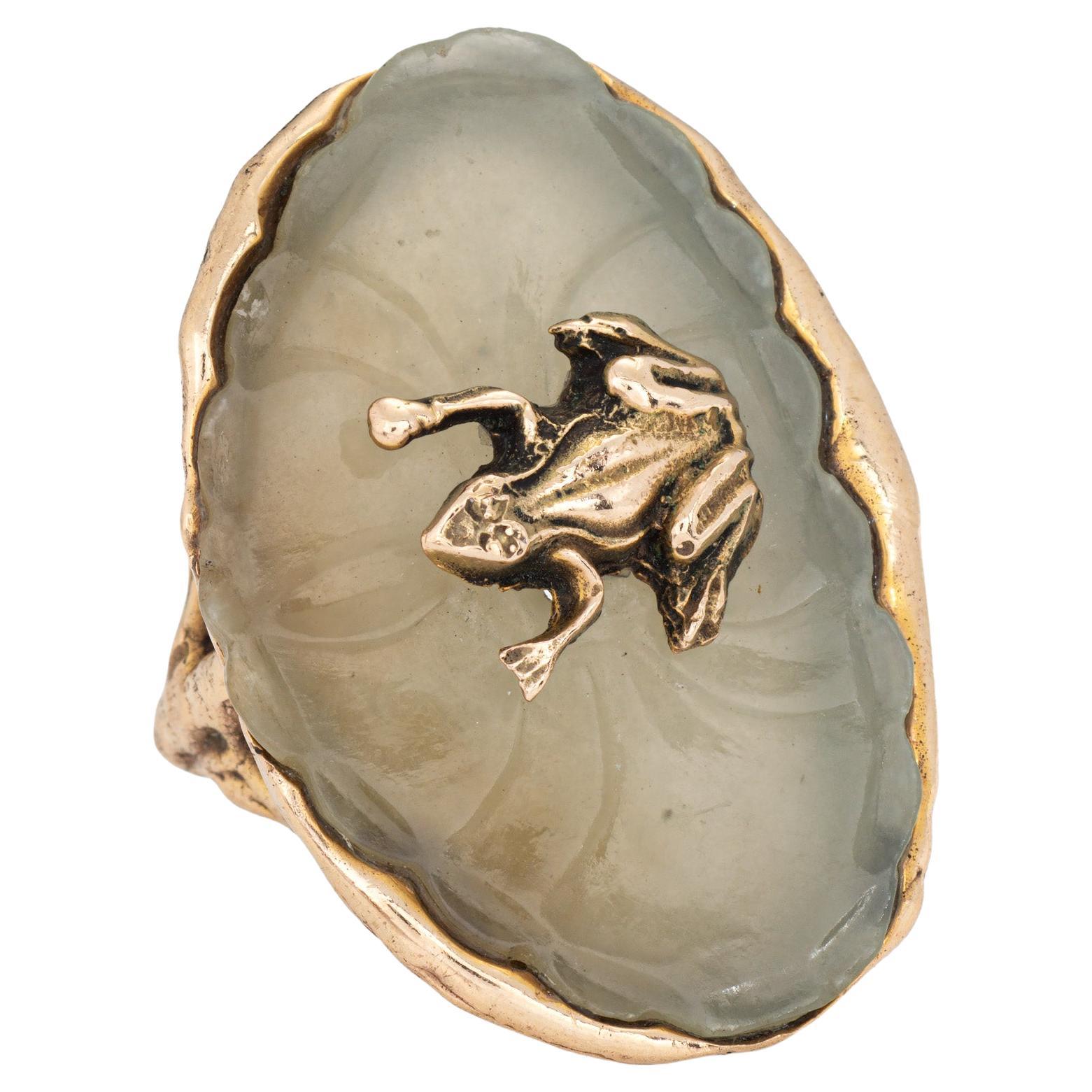 70s Vintage Agate Frog on Lilypad Ring 14k Yellow Gold 9 Fine Cocktail Jewelry For Sale