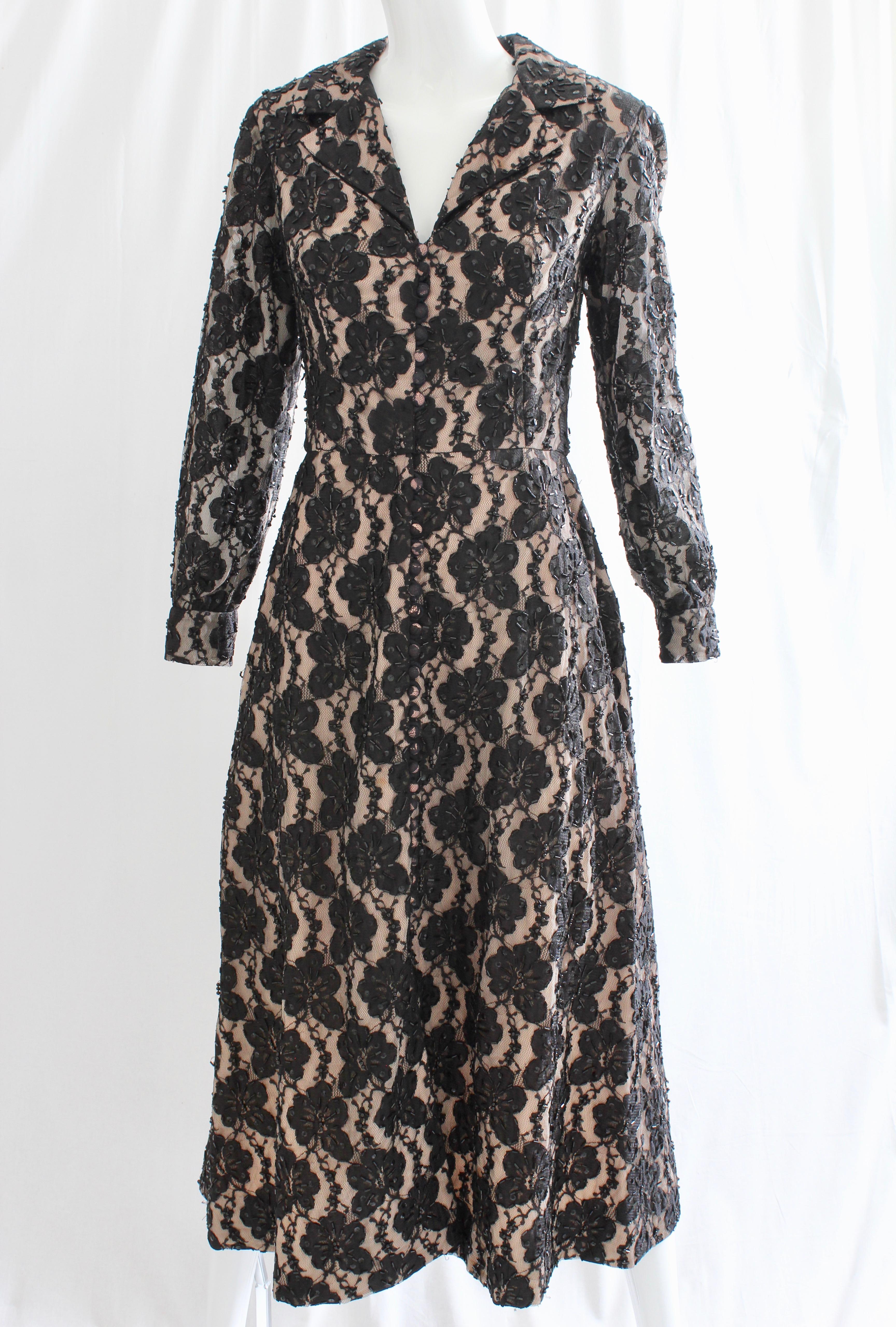 70s Vintage Black Beaded Illusion Lace Opera Coat Evening Wear Button Front M For Sale 1