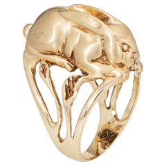 70s Vintage Bunny Rabbit Ring 10k Yellow Gold Heavy 16.2gm Animal Jewelry