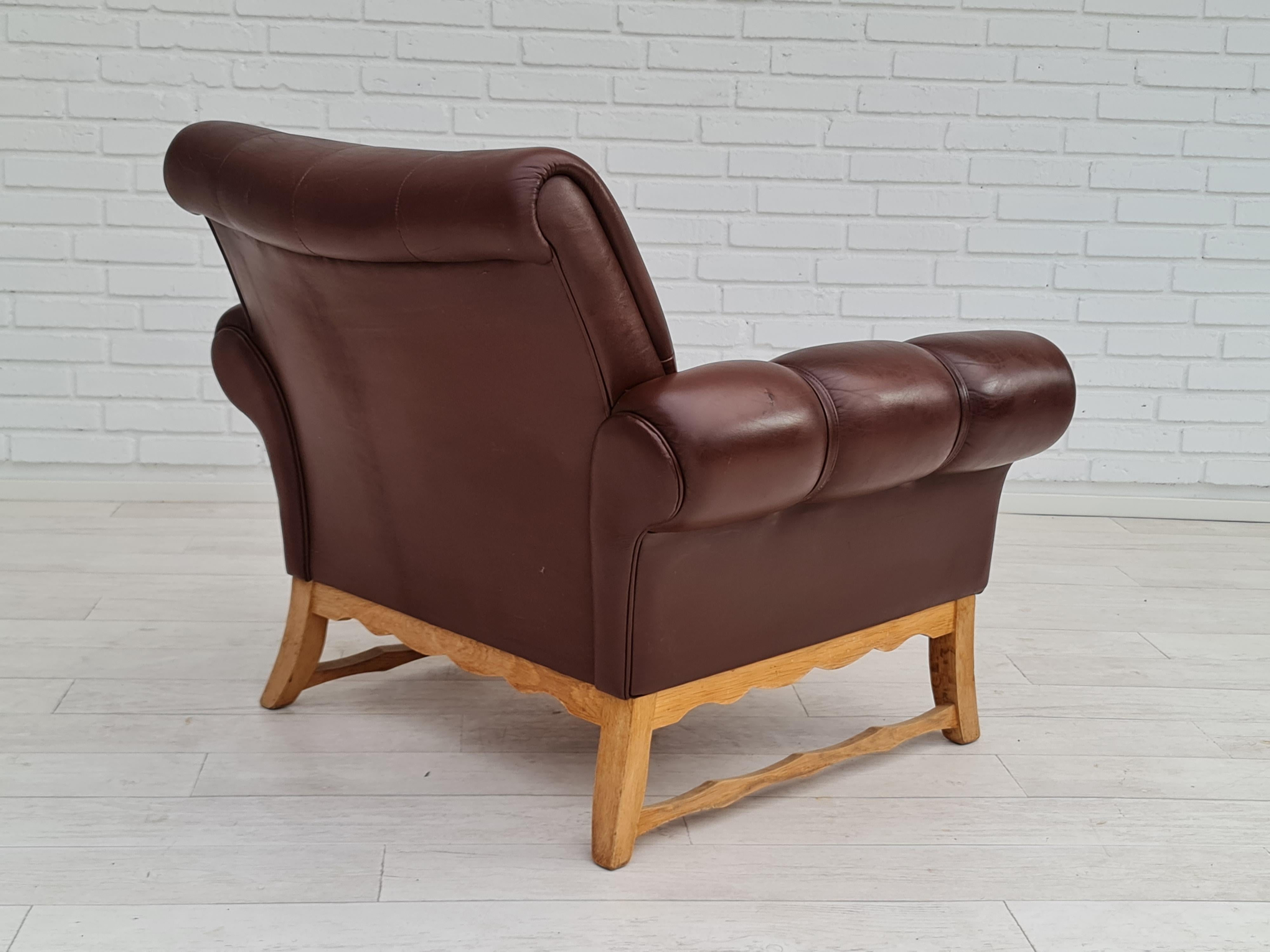 70s, Vintage Danish Armchair, Leather, Oak Wood For Sale 6