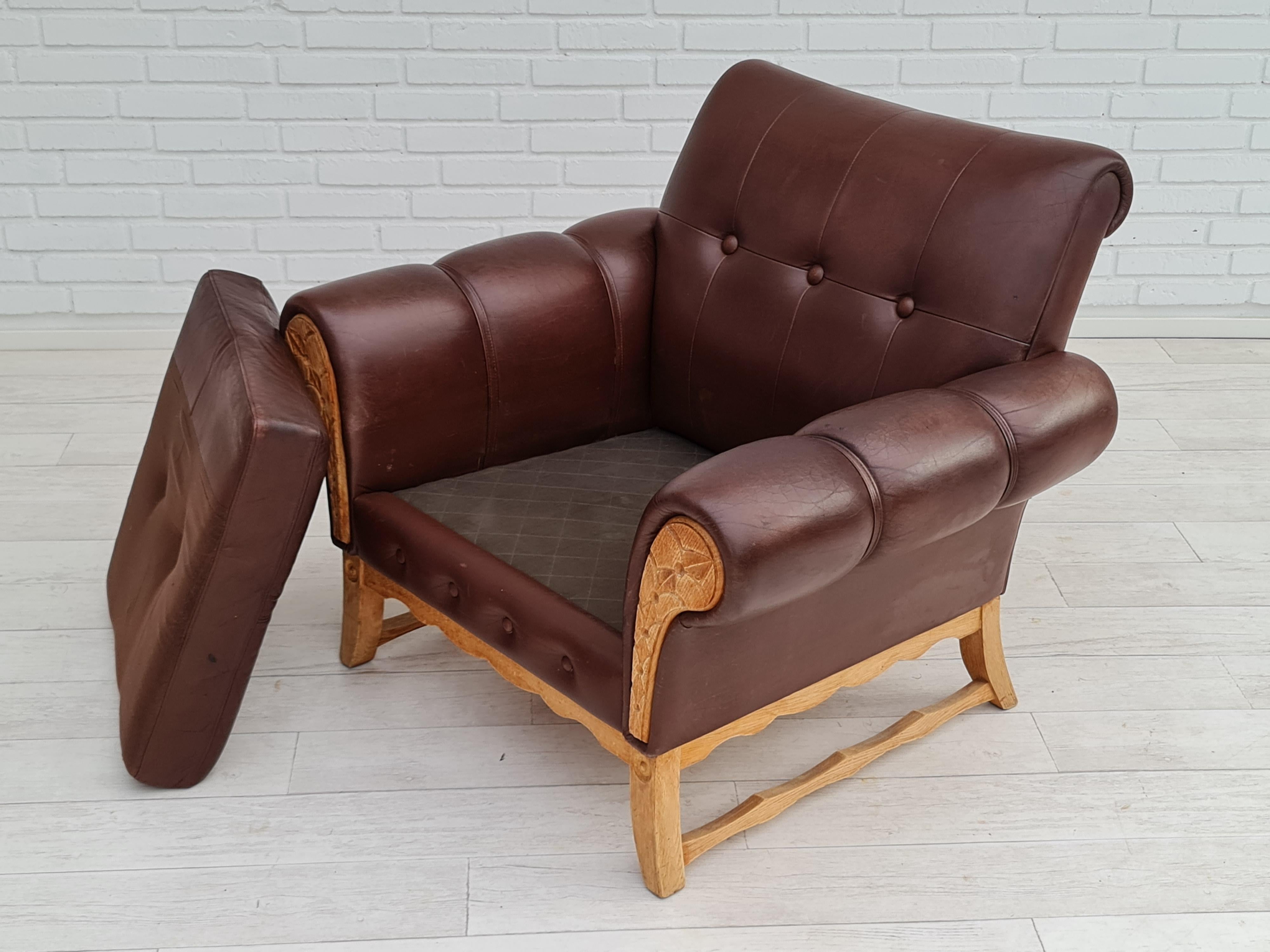 70s, Vintage Danish Armchair, Leather, Oak Wood For Sale 7