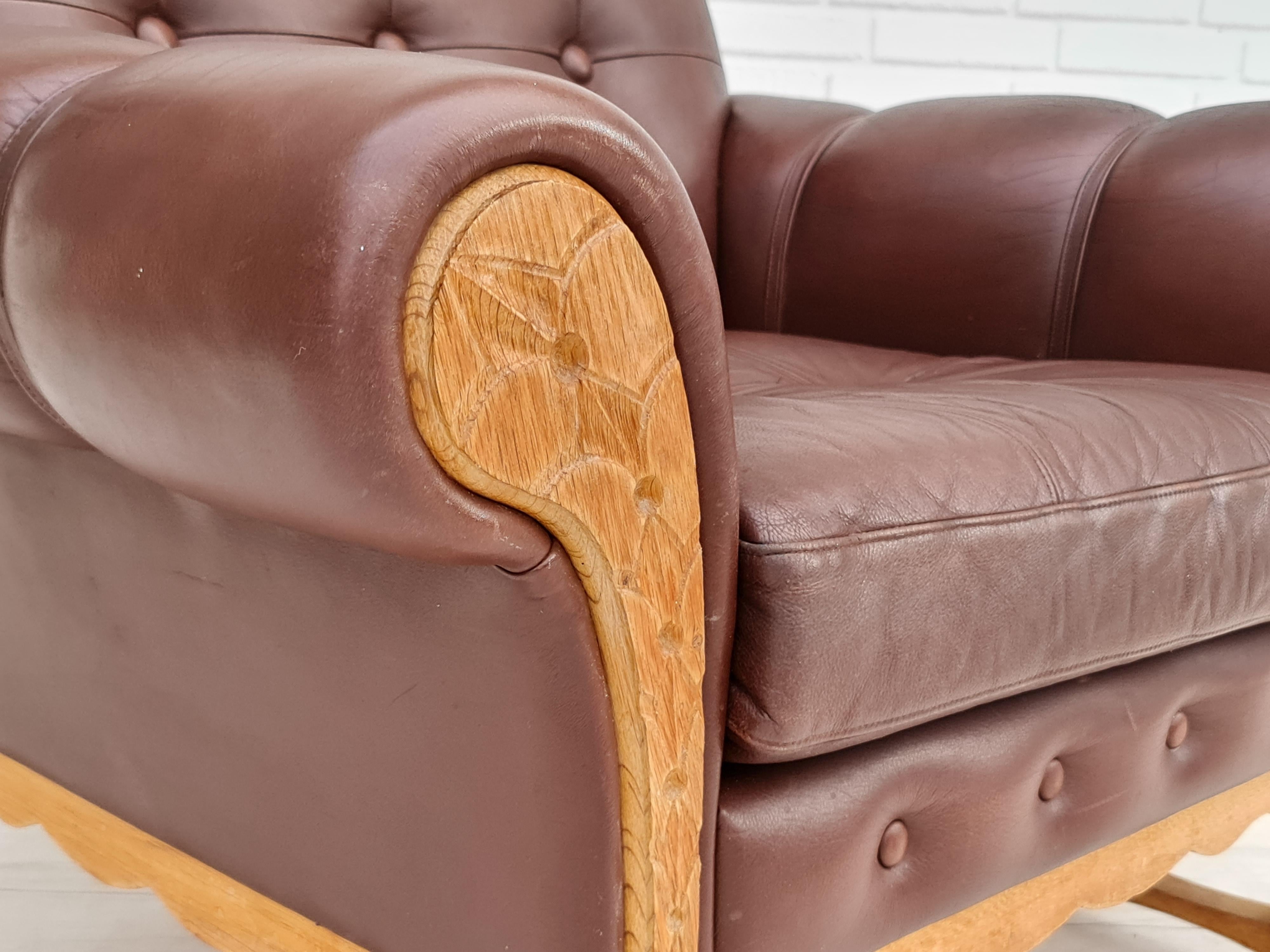 70s, Vintage Danish Armchair, Leather, Oak Wood For Sale 13