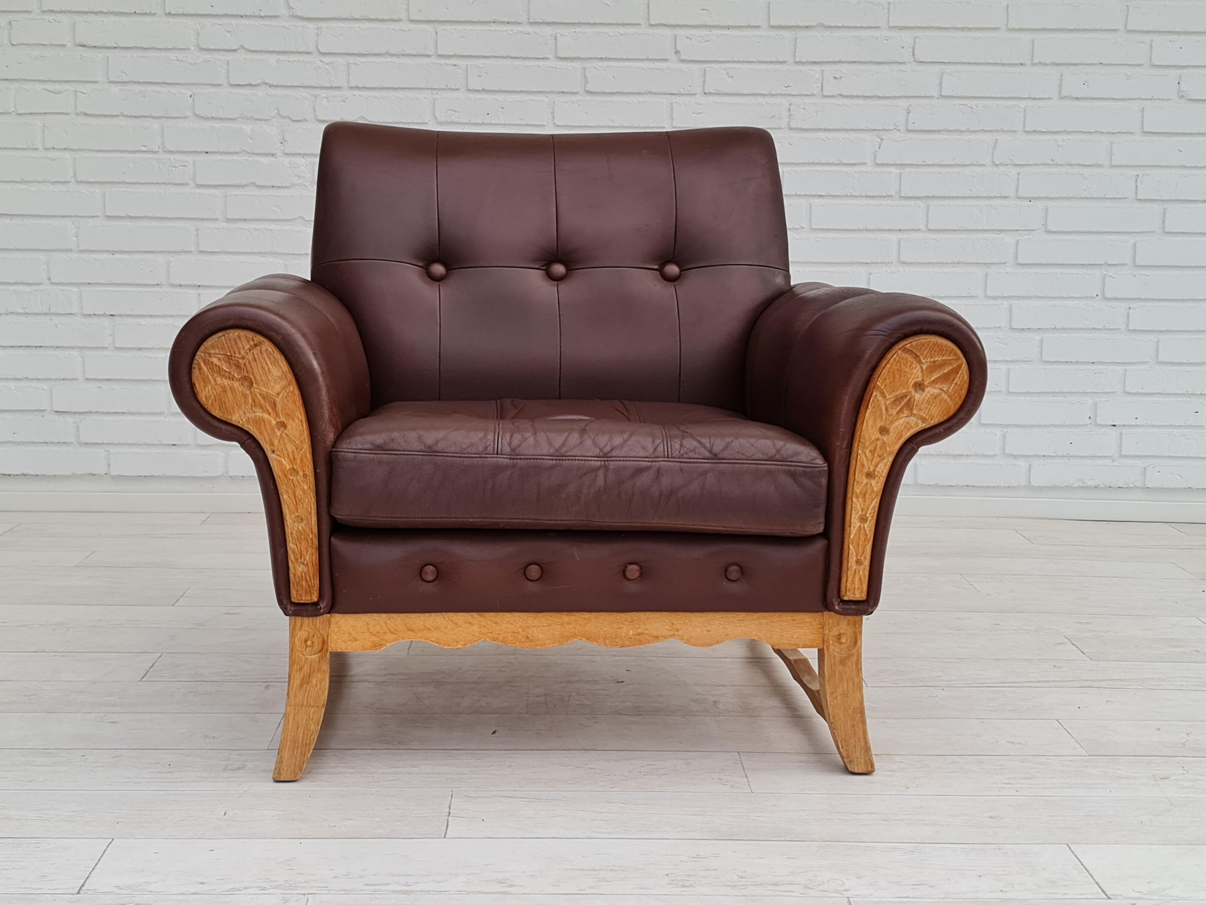 70s, Vintage Danish Armchair, Leather, Oak Wood In Good Condition For Sale In Tarm, 82