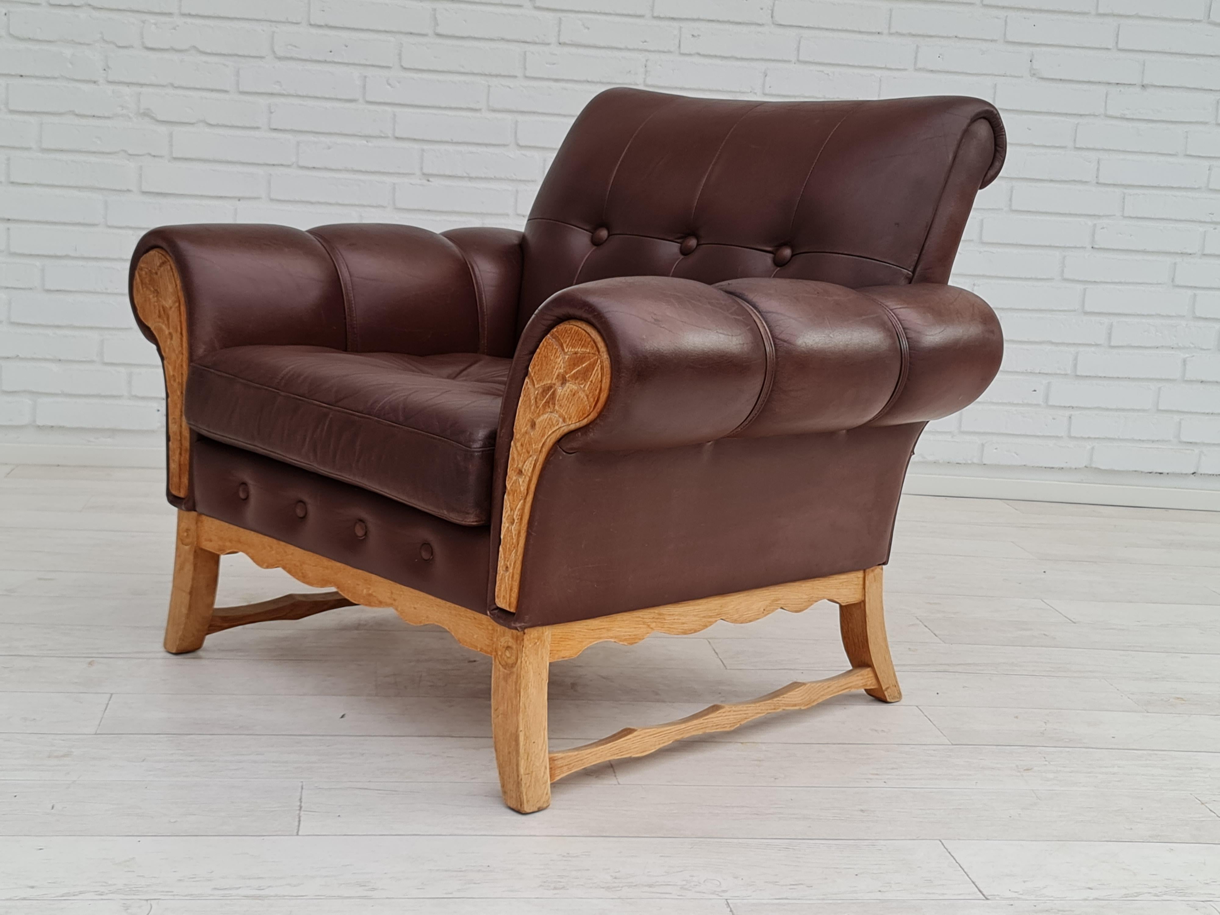 Late 20th Century 70s, Vintage Danish Armchair, Leather, Oak Wood For Sale