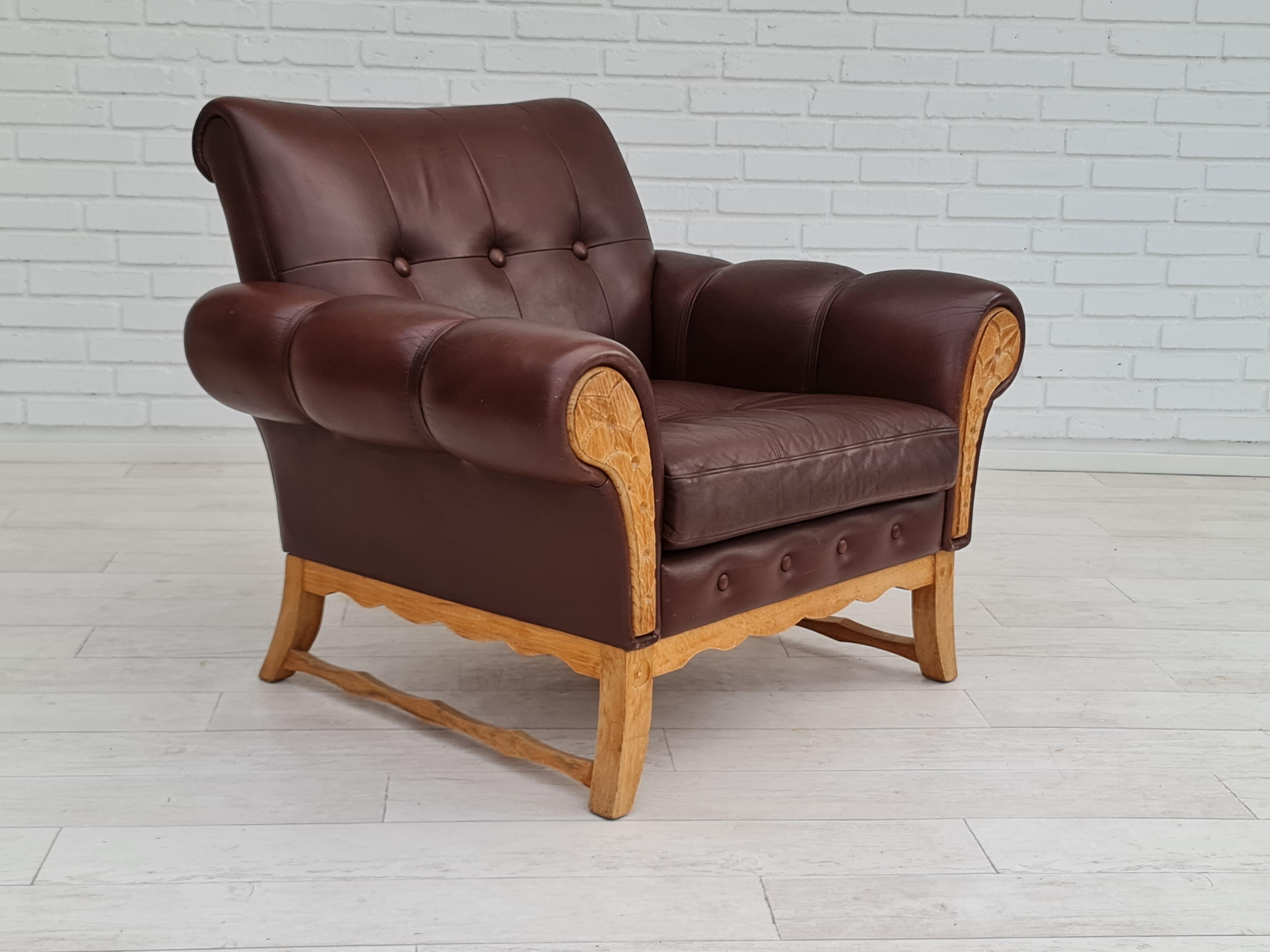 70s, Vintage Danish Armchair, Leather, Oak Wood For Sale 1