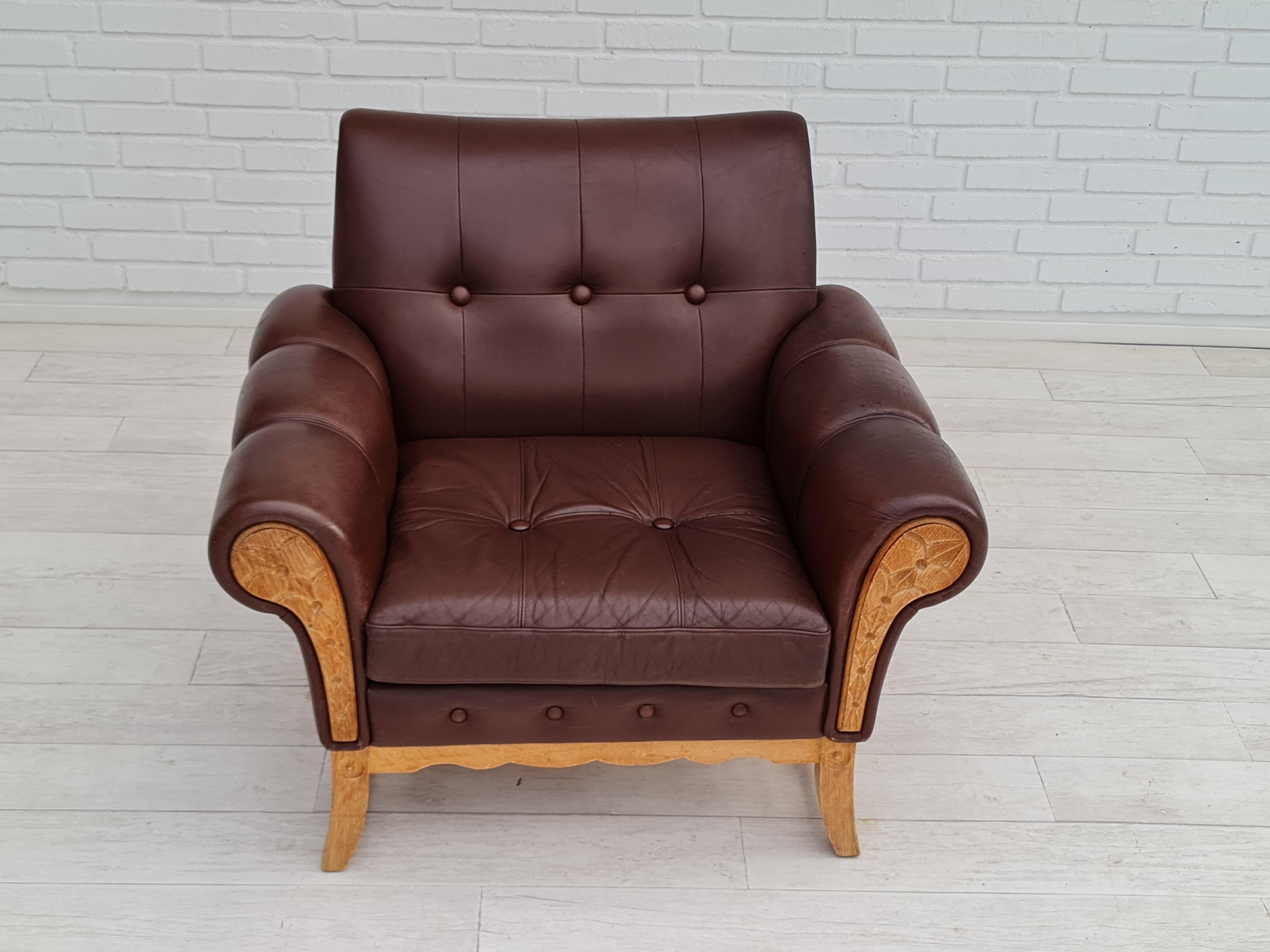 70s, Vintage Danish Armchair, Leather, Oak Wood For Sale 2