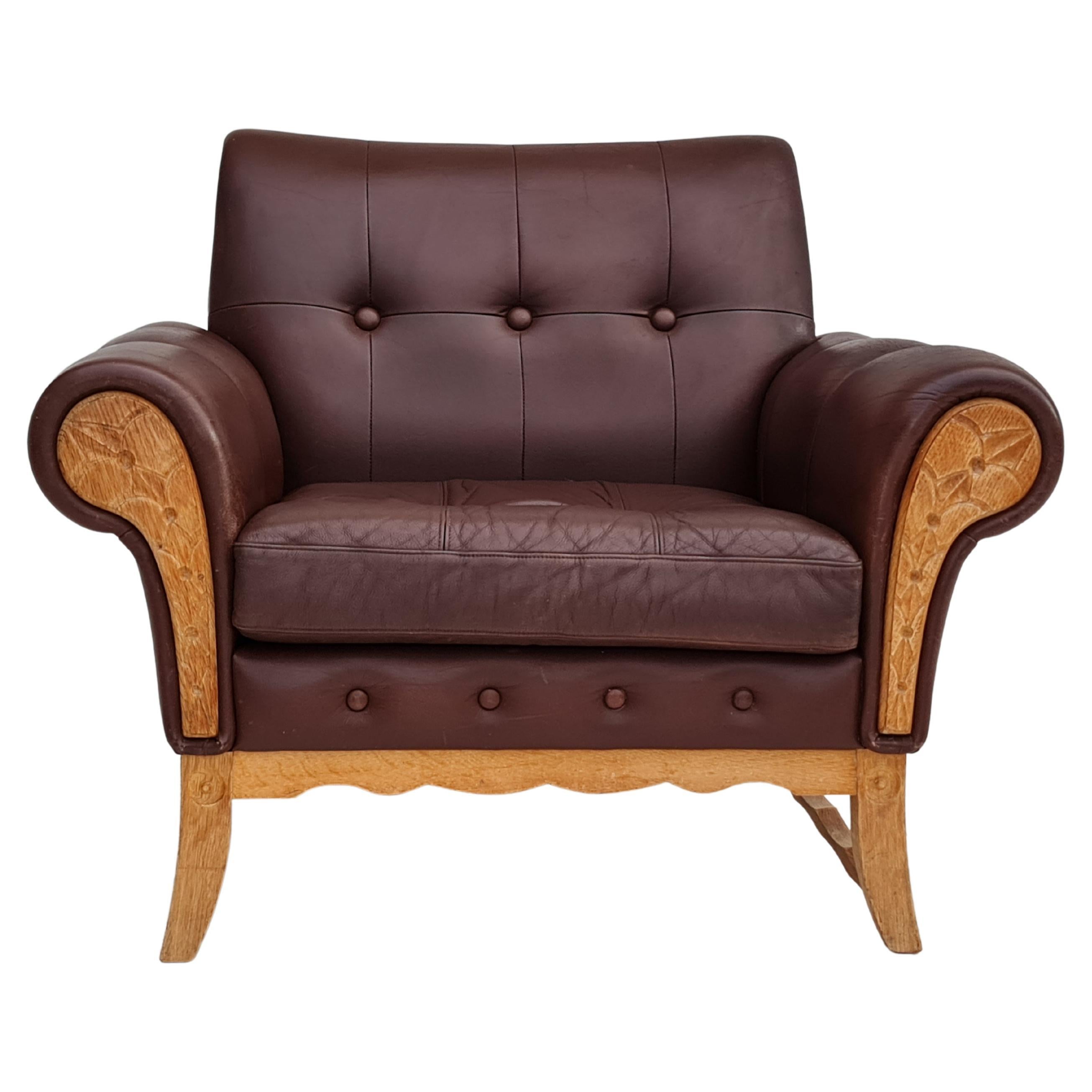 70s, Fauteuil Vintage Danois, Cuir, Bois de Chêne en vente