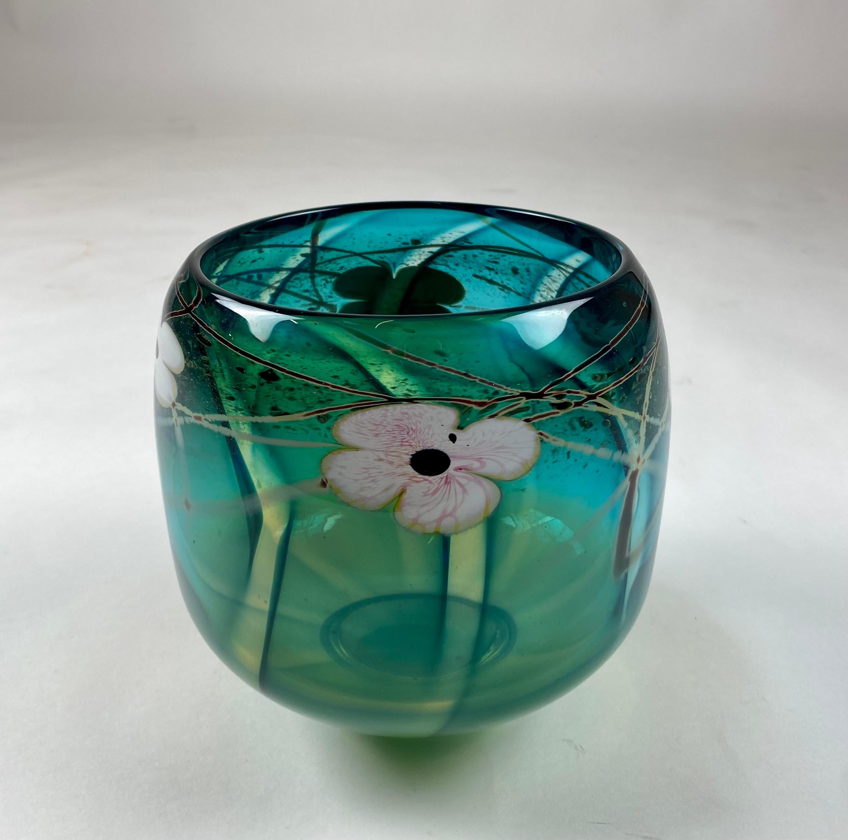 70s Vintage David Nichols Signed Teal Green Studio Art Glass Dogwood Bowl 4