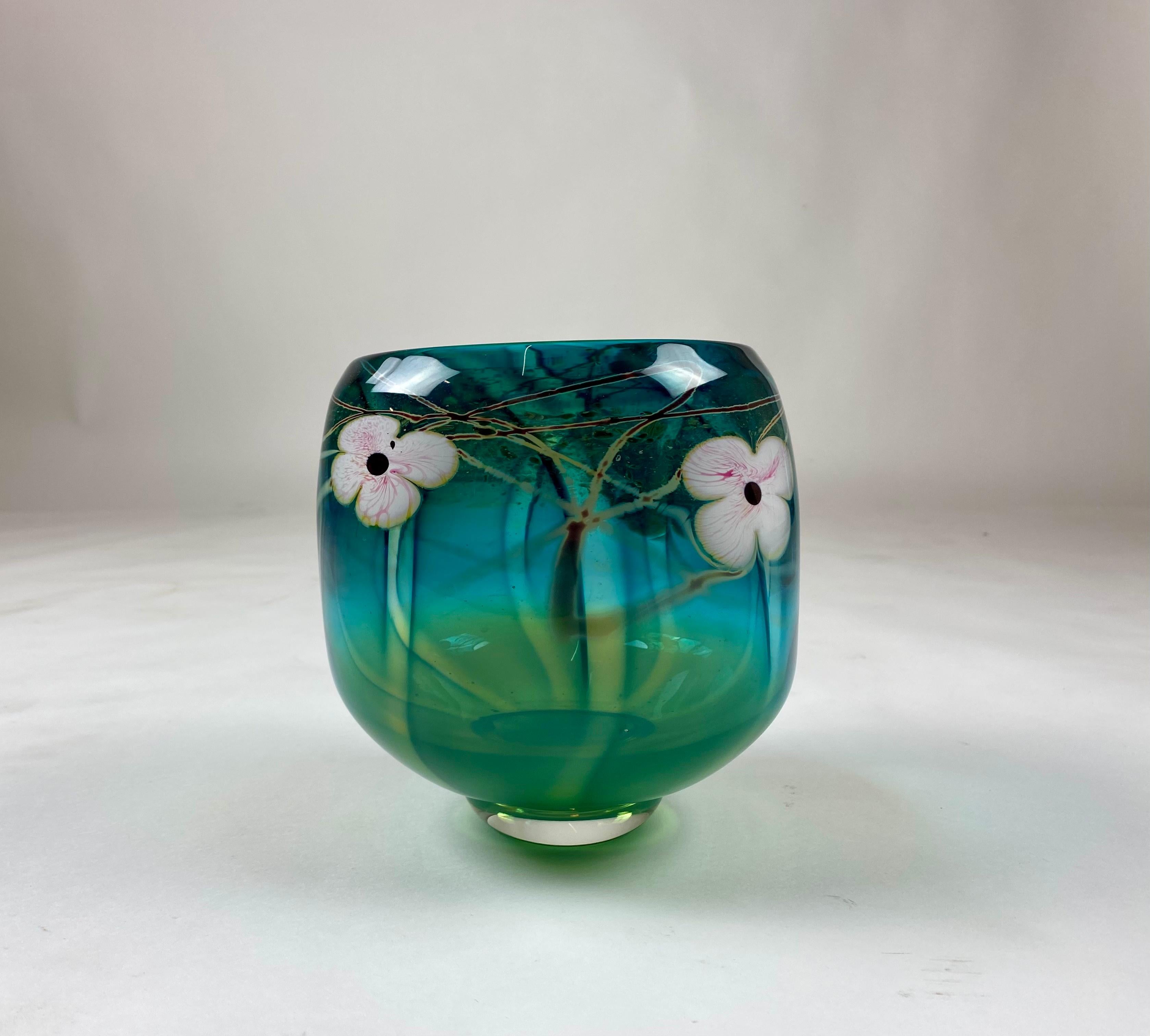 Art Nouveau 70s Vintage David Nichols Signed Teal Green Studio Art Glass Dogwood Bowl