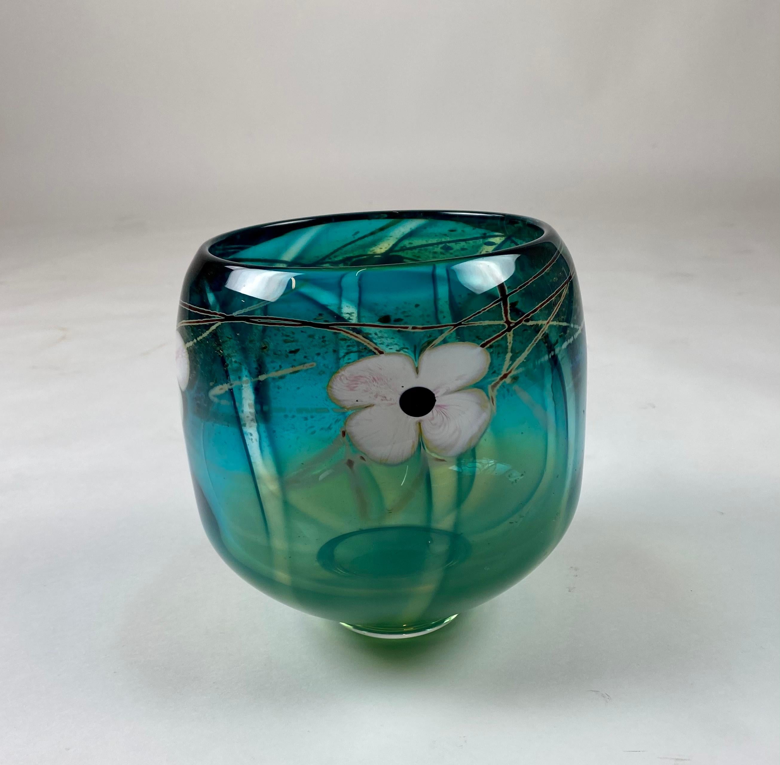 Glazed 70s Vintage David Nichols Signed Teal Green Studio Art Glass Dogwood Bowl