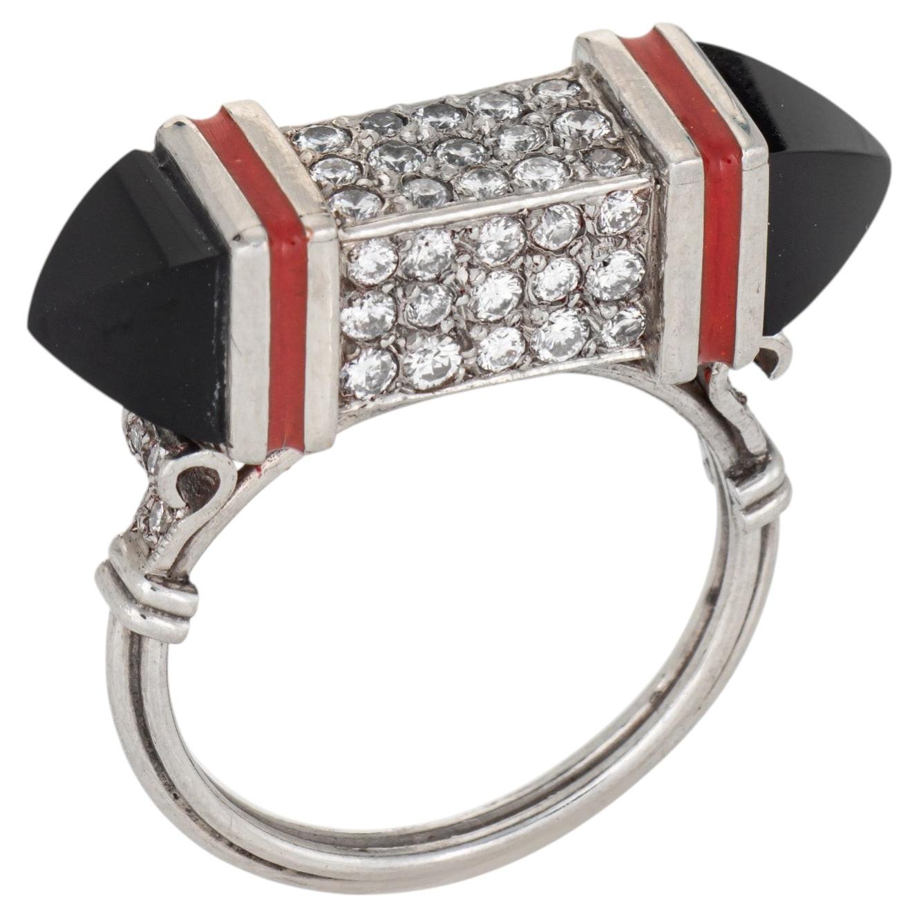70s Vintage Diamant Würfel Ring Onyx Emaille Sz 7 Platin Fine Estate Jewelry