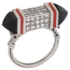 70s Vintage Diamond Cube Ring Onyx Enamel Sz 7 Platinum Fine Estate Jewelry